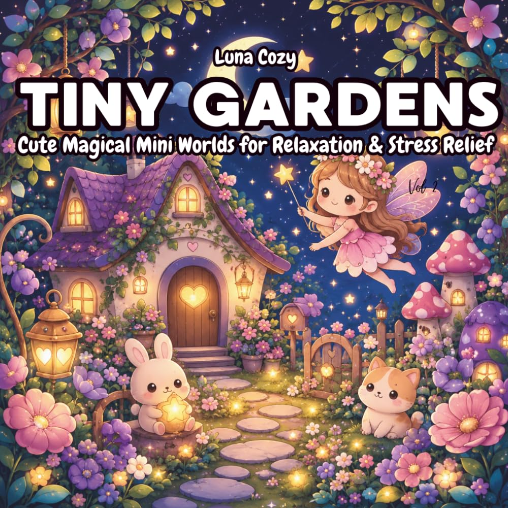 Cute Tiny Garden Coloring Book: Cozy Fairy Gardens, Mushroom Houses, and Adorable Animal Scenes for Relaxing Creativity