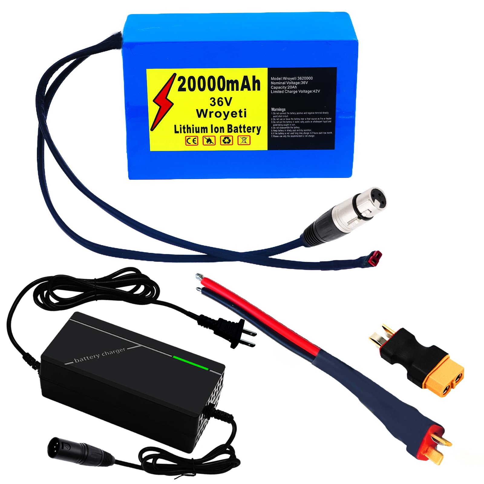 36V Battery 36V 20AH Electric Bike Lithinum Ion Battery 36V 20Ah Ebike Battery with 3A Charger, XT60 Connector, T-Plug Extension Cord for 200-1000W Electric Bicycles Motor/Ebike Kit