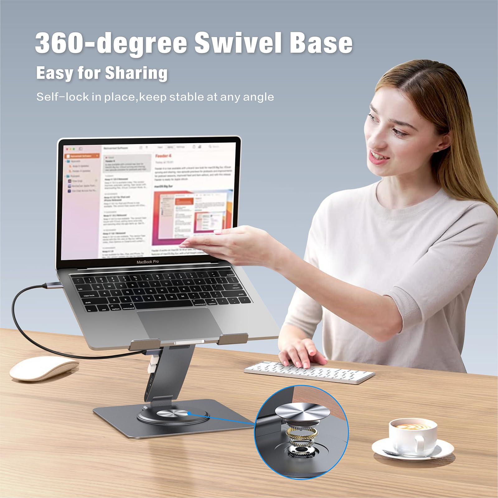 Soporte ajustable para computadora portátil con estación de acoplamiento 9 en 1, elevador de aluminio para portátil con hub USB, giro de 360°, pantalla dual HDMI 4K60Hz, 3 USB 3.0, carga PD de 100 W