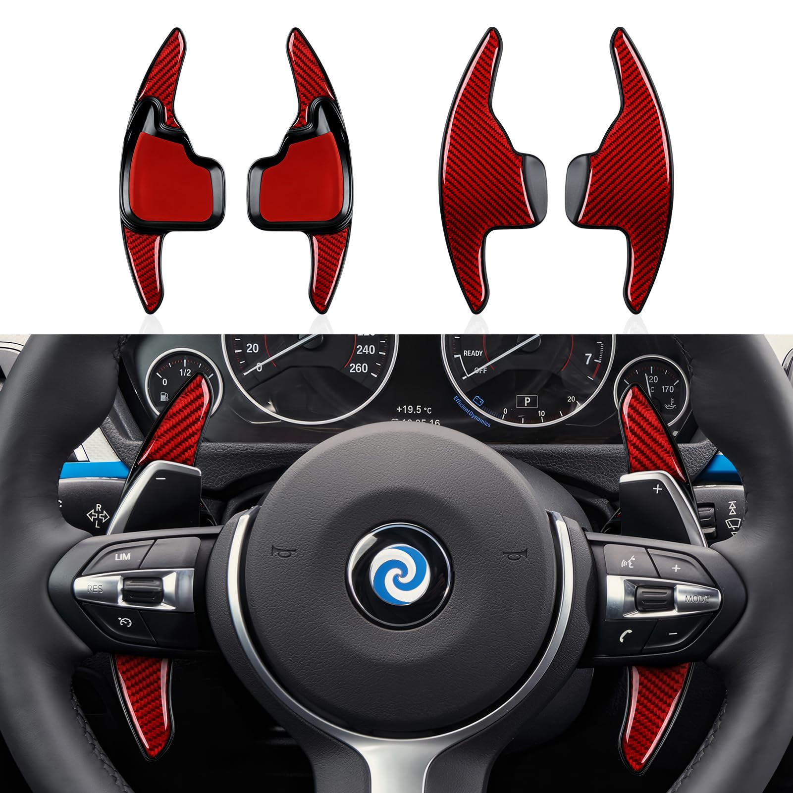 HENGYUESHANG 2PCS Steering Wheel Paddle Shifter Extensions Trim Carbon Fiber Decal Shift Paddle Blade Sticker Compatible with BMW 2 3 4 X1 X2 X3 X4 X5 X6 Accessories - 5 6 Series NOT FIT (Red)