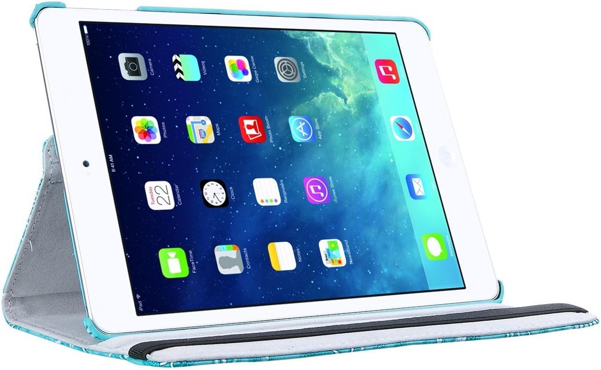iPad Air Case,ULAK Synthetic Leather Case Cover for Apple iPad Air iPad 5 (2013 Model) With Inbuilt 360 Rotating Stand and Automatic Wake/Sleep Function (Aqua Blue Flower)