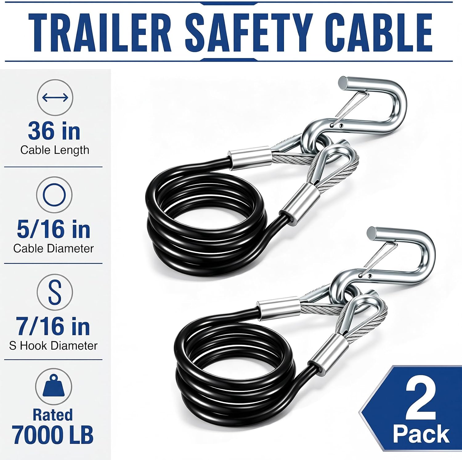 2 Pack 36 x 5/16'' Trailer Safety Cables for Towing Self-Coiling Safety Chain Replacement with 7/16 '' S Hooks 7000 lb Capacity for Boat Tow RV