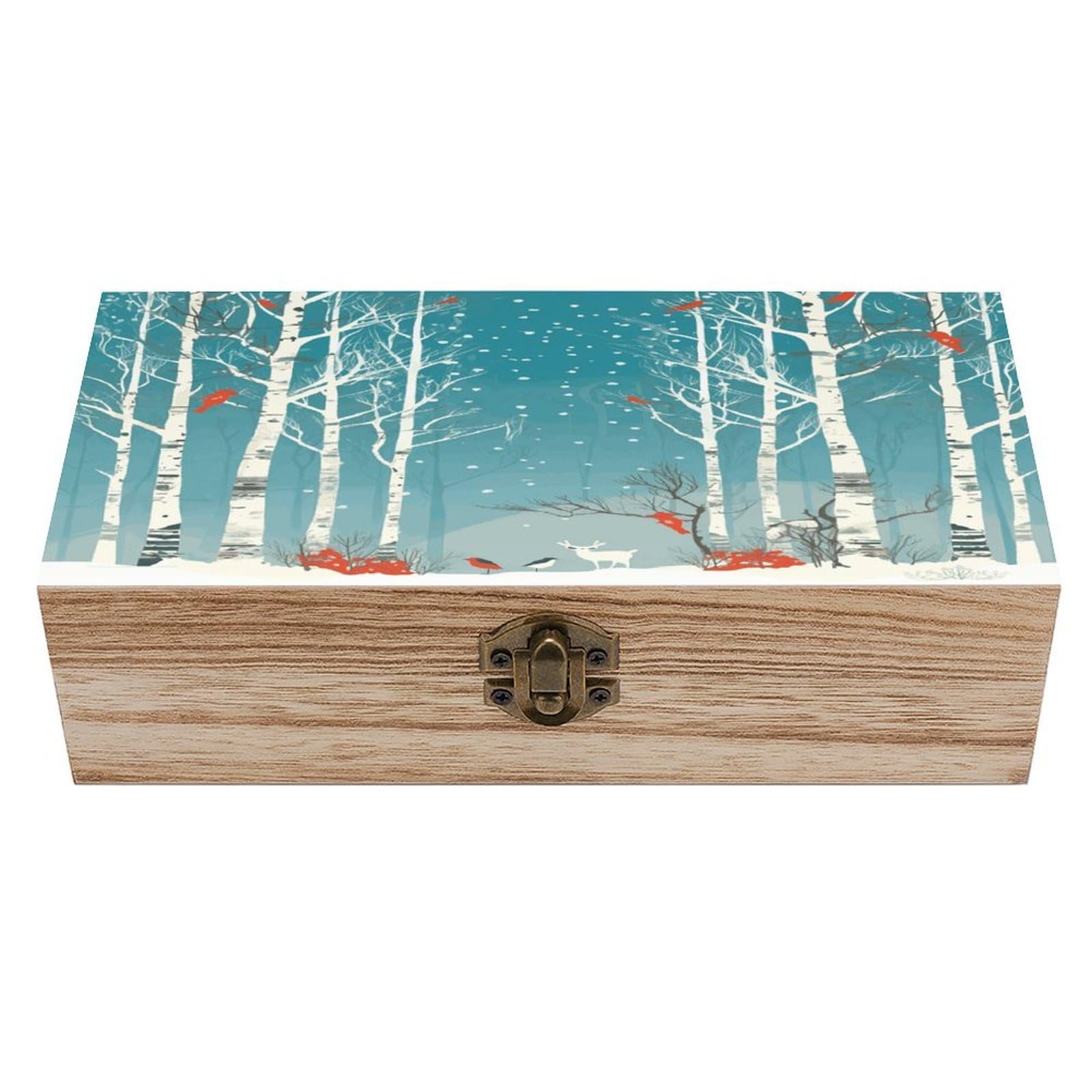 JTREHY Merry Christmas Birch Tree Wooden Keepsake Box Vintage-Style Wood Keepsake Case with Hinged Lid Solid Wood Boxes Beautifully Memory Treasure Case Vintage-Style Wooden Storage Box
