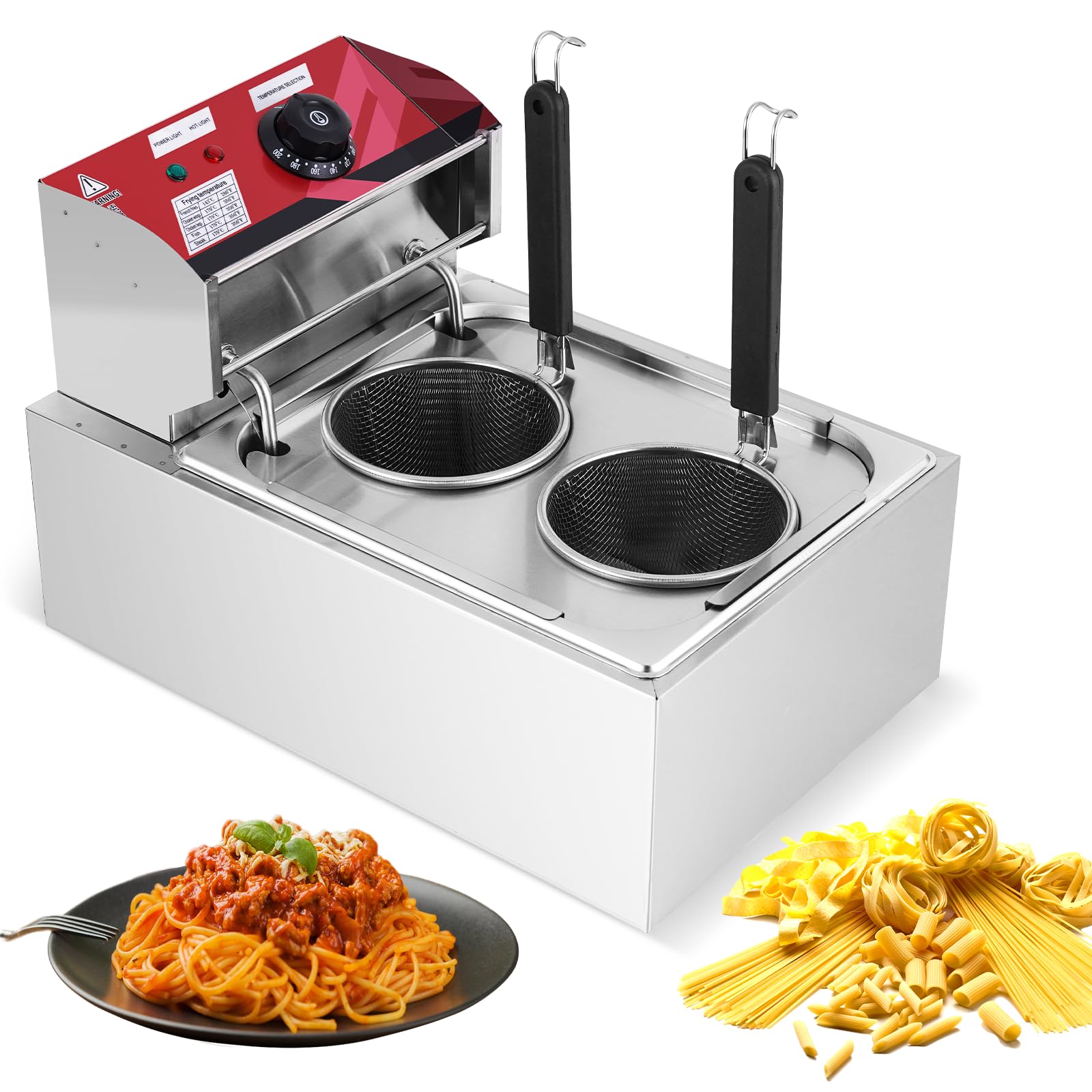 JIAWANSHUN Commercial Pasta Cooker, 2 Holes Electric Noodle Cooking Machine with Adjustable Temp (140-392°F), Stainless Steel Pasta Pot for Restaurant,Fast Cooking & Energy Saving 110V