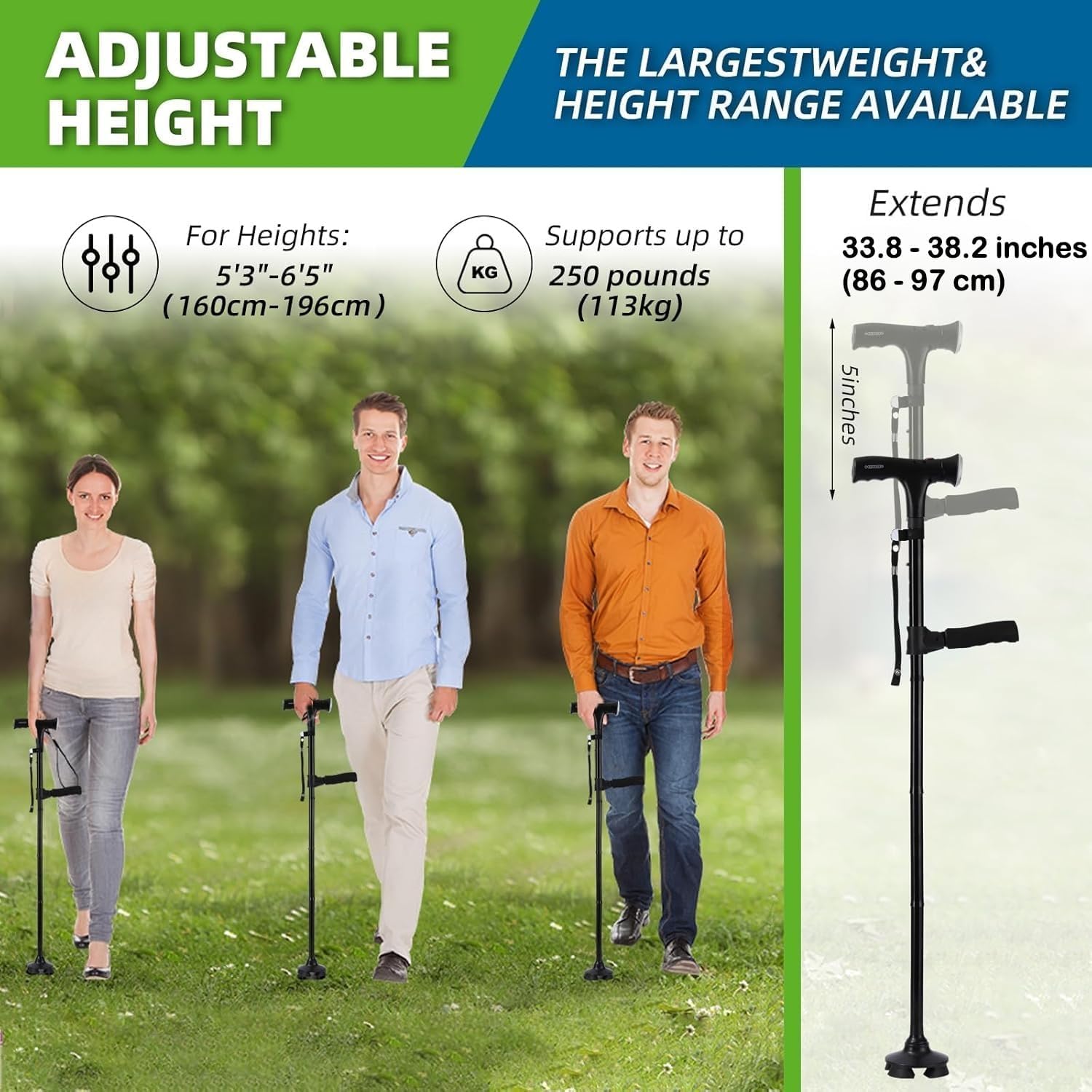 Twin Grip Folding Cane with LED Lights & SOS Alarm – Adjustable, Portable, and Secure Double Handle Design for Men and Women, Black, Cane for Walking