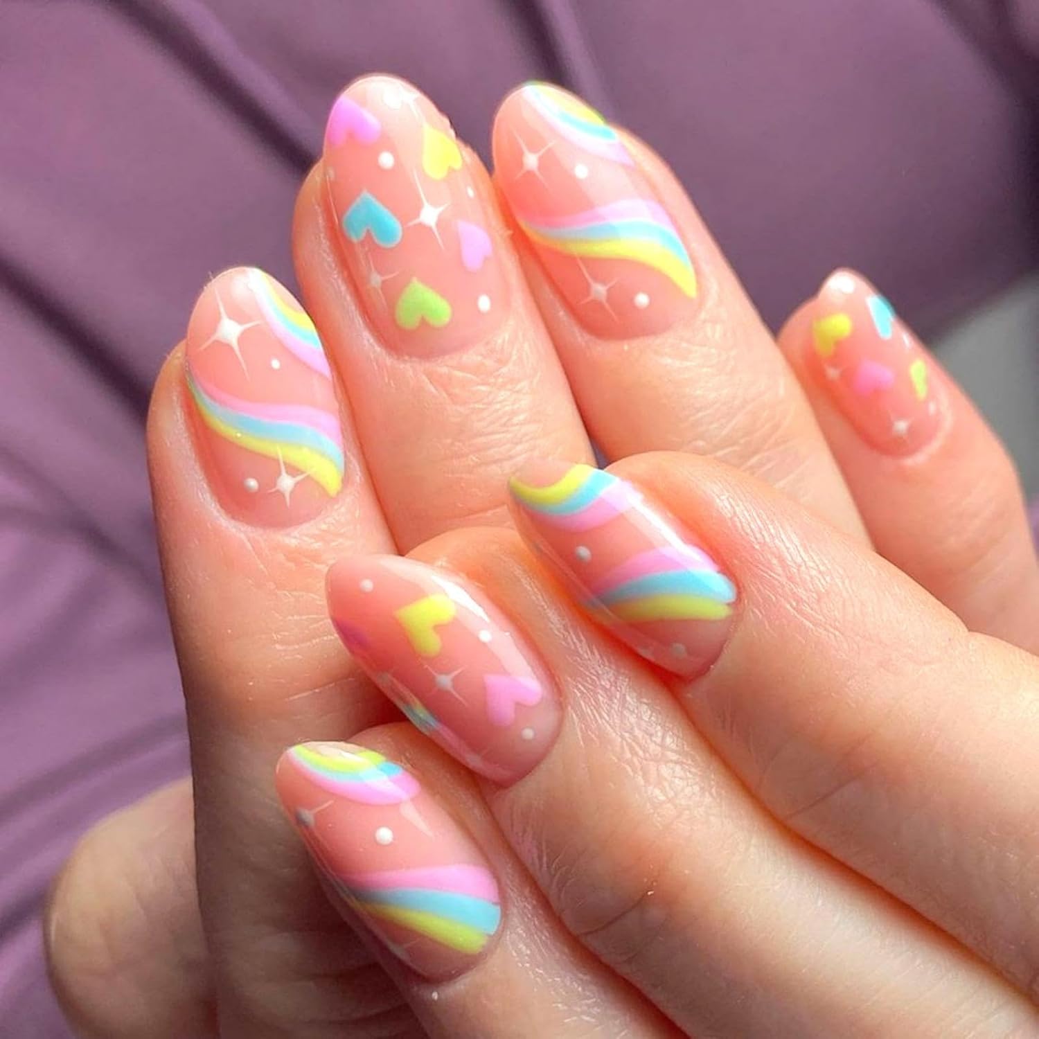 Colorful Press on Nails Short Almond Fake Nails with Love Rainbow Design Glue on Nails Glossy Acrylic False Nails Full Cover Nude Pink Stick on Nails for Women Girls Manicure24pcs