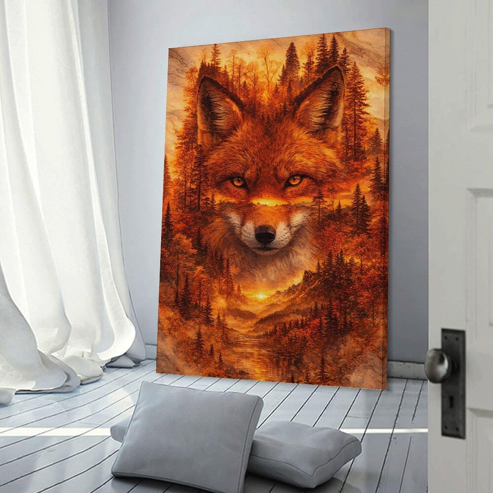 Junmoney Canvas Wall Picture Fox And Forest Double Exposure Art, 24x36inch(60x90cm), for Restful Interiors, Bedrooms Or Small Rooms, Home Artwork with A Soft Interior Feel