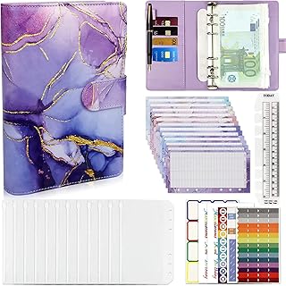 Budget Binder with Cash Envelopes-A6 PU Leather Binder with 12 Zipper Cash Pockets-12 Expense Budget Sheet-6 Sheets Sticker Labels-1 Ruler-Money Organizer for Cash Recipet Coupon (Purple)