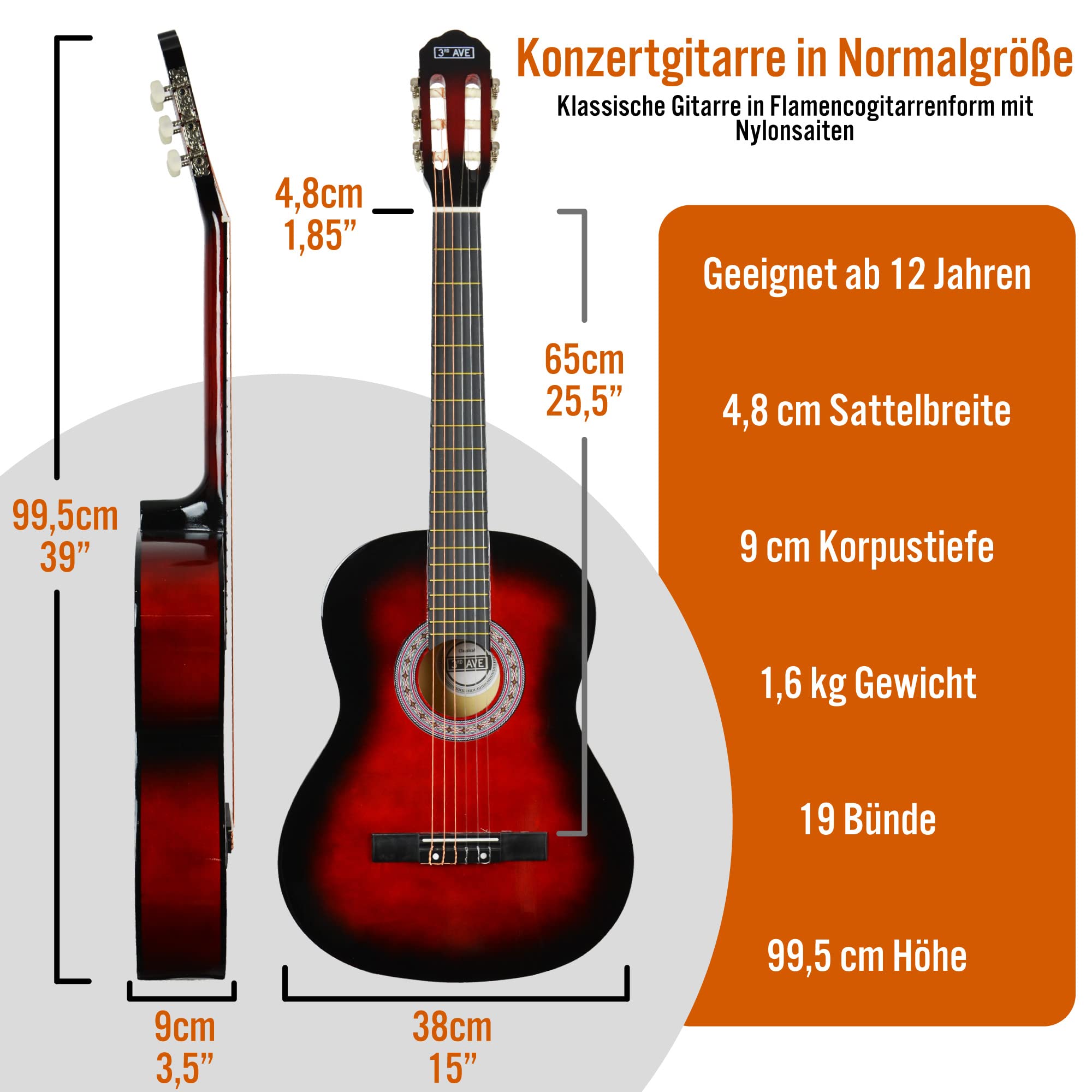 3rd Avenue 4/4-Konzertgitarre Mit Spanischen Nylonsaiten In Voller Größe, Einsteigerpaket – Rot