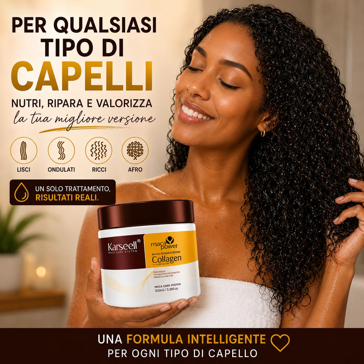 Karseell MACA CARE SYSTEM Maschera Capelli Professionale Collagene Argan Cocco Karité Nutriente Idratante Riparatrice Anticrespo Capelli Secchi Danneggiati Crespi Senza Solfati Formato Viaggio 100ml