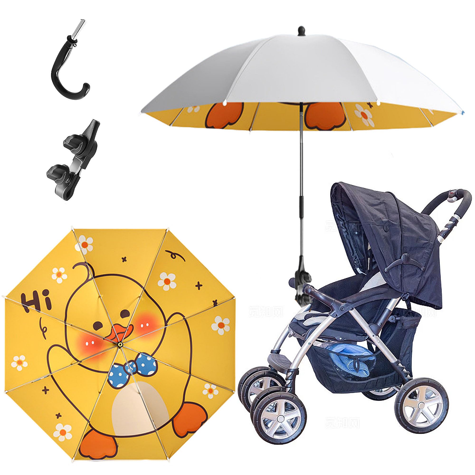SQAQS Universal Sonnenschirm Sonnenschutz UPF 50+, Kinderwagen-Sonnenschirm , 85 cm Durchmesser mit Einem Regenschirmgriff, Universal Parasol für Kinderwagen, Kinderwagen(Gelb)
