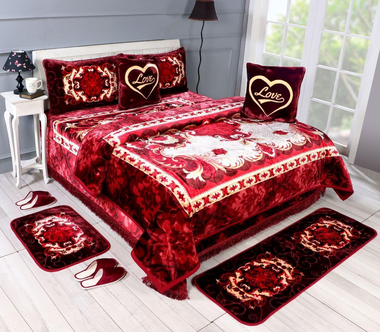PEPONI 8 Pcs Luxury Super Soft Wedding Blanket Set With Gift Box - Winter Quilt for Double Bed (Marron and Cream)-image-30
