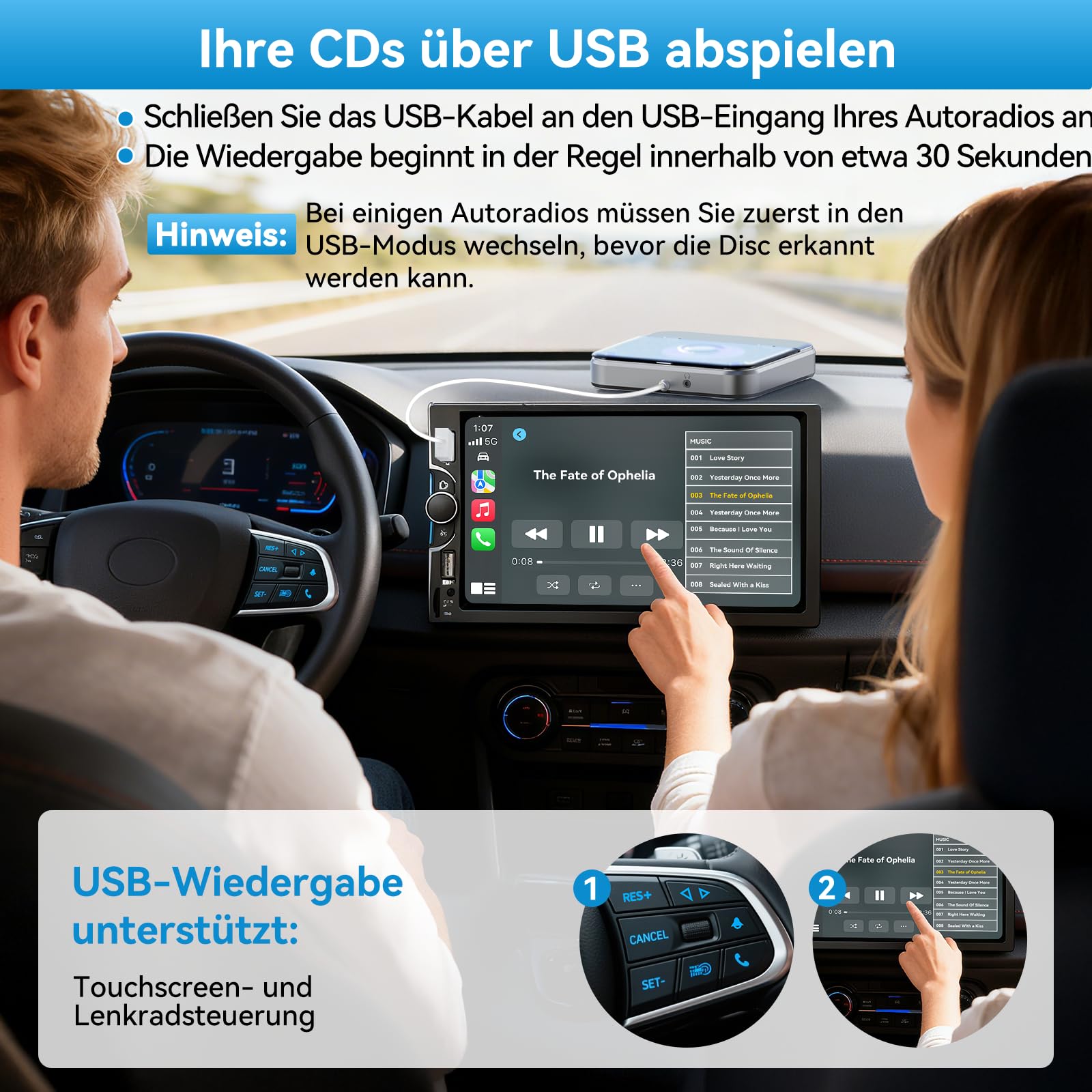 CD Player für Auto mit USB, CENXINY CD Laufwerk Externes mit AUX, Universal CD Player für Auto mit USB-Typ-C-Adapter, inklusive 1.5M USB-Verlängerungskabel,1 m AUX-Kabel,kompatibel mit Autoradio
