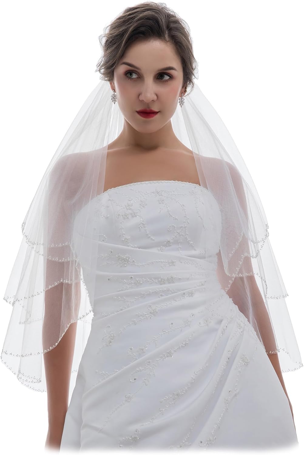 SAMKY 2T 2 Tier Silver Lined Beaded Scallop Edge Bridal Wedding Veil