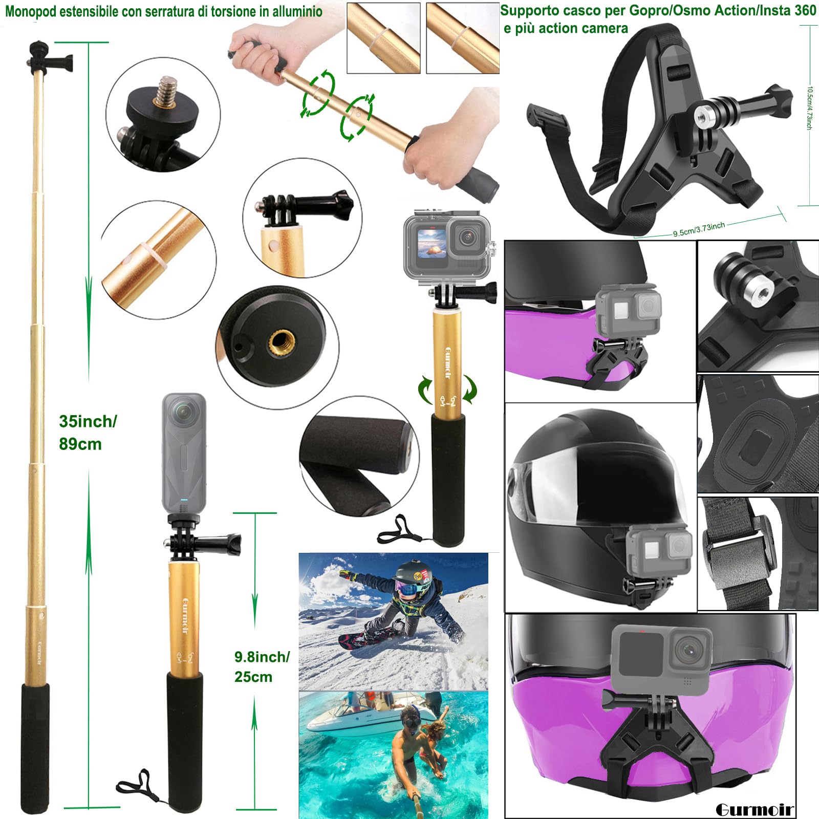 Kit di accessori per Gopro 13/12/11/Max 2/DJI Osmo Action 6/5 pro/4/Insta 360 X5/X4 e più fotocamera d'azione, Supporto bici per manubrio/Supporto per casco Kit per Gopro/Insta 360 (DT18)