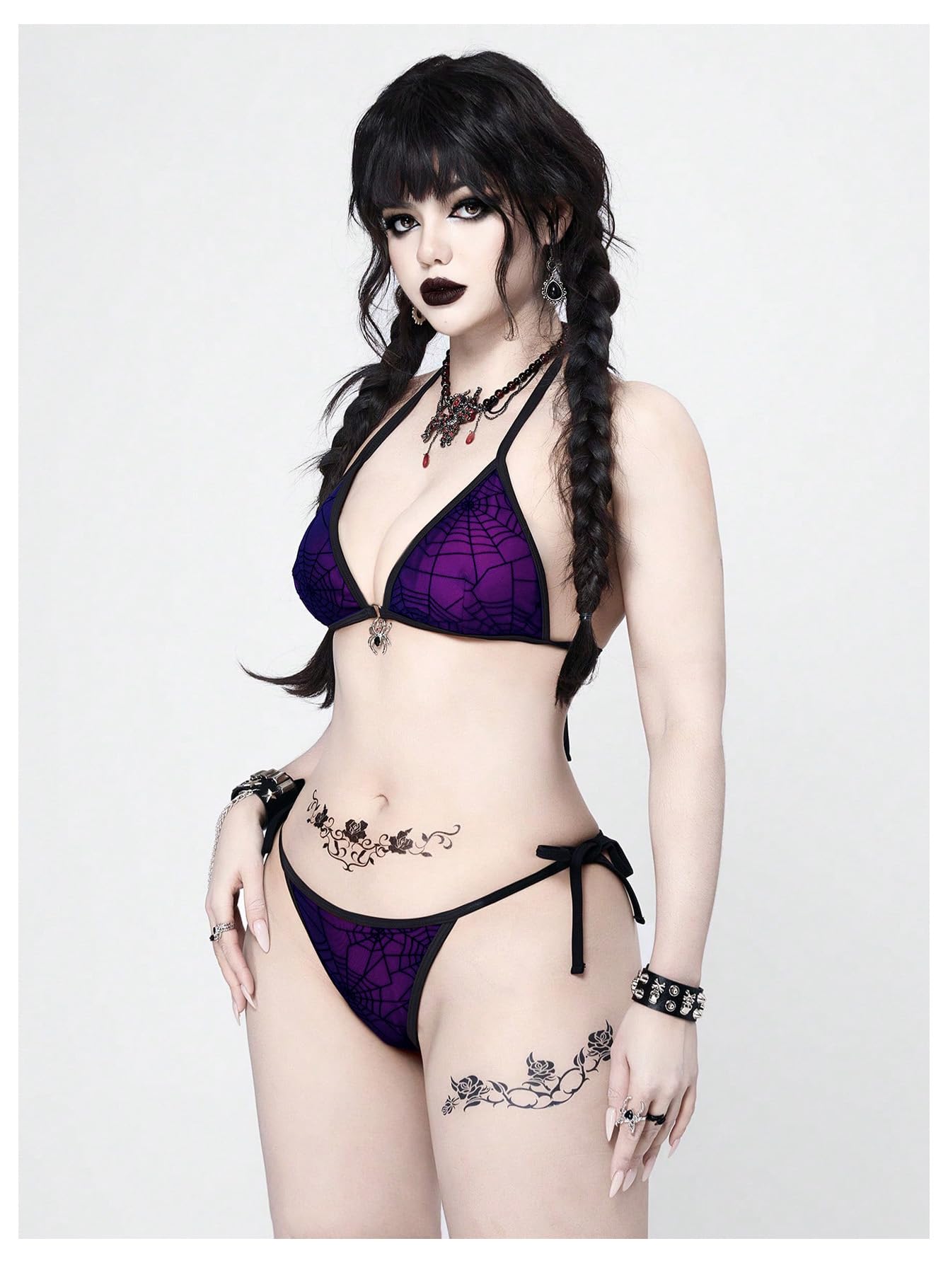 RoseSeek Women's 2 Piece Goth Swimsuits Spiderweb Graphic Halter Triangle String Bikini Set Tie Side Bathing Suits: Medium Purple