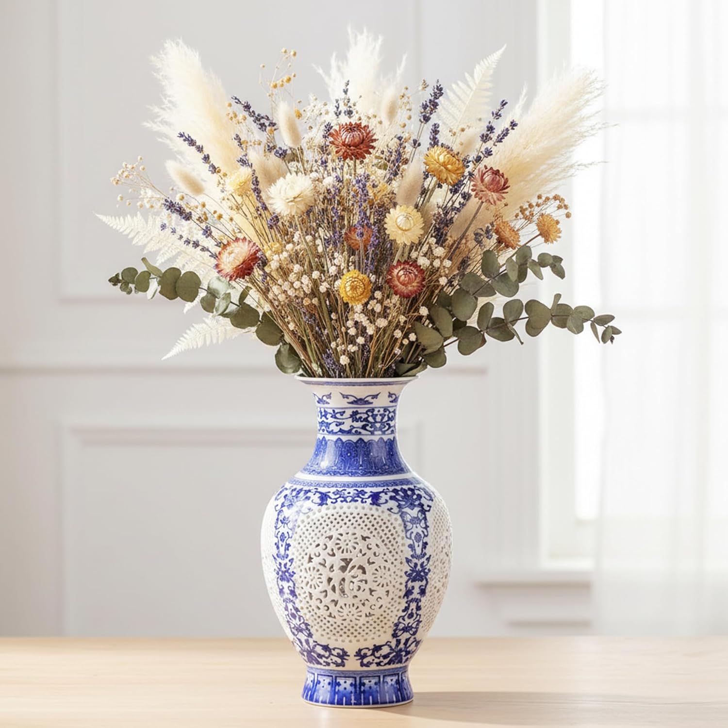 Blue and White Ceramic Vase, Chinoiserie Blue Porcelain Vase, Vintage Ceramic Flower Holder for Living Room Bookshelf Table Office Home Decoration (1-GY 11")