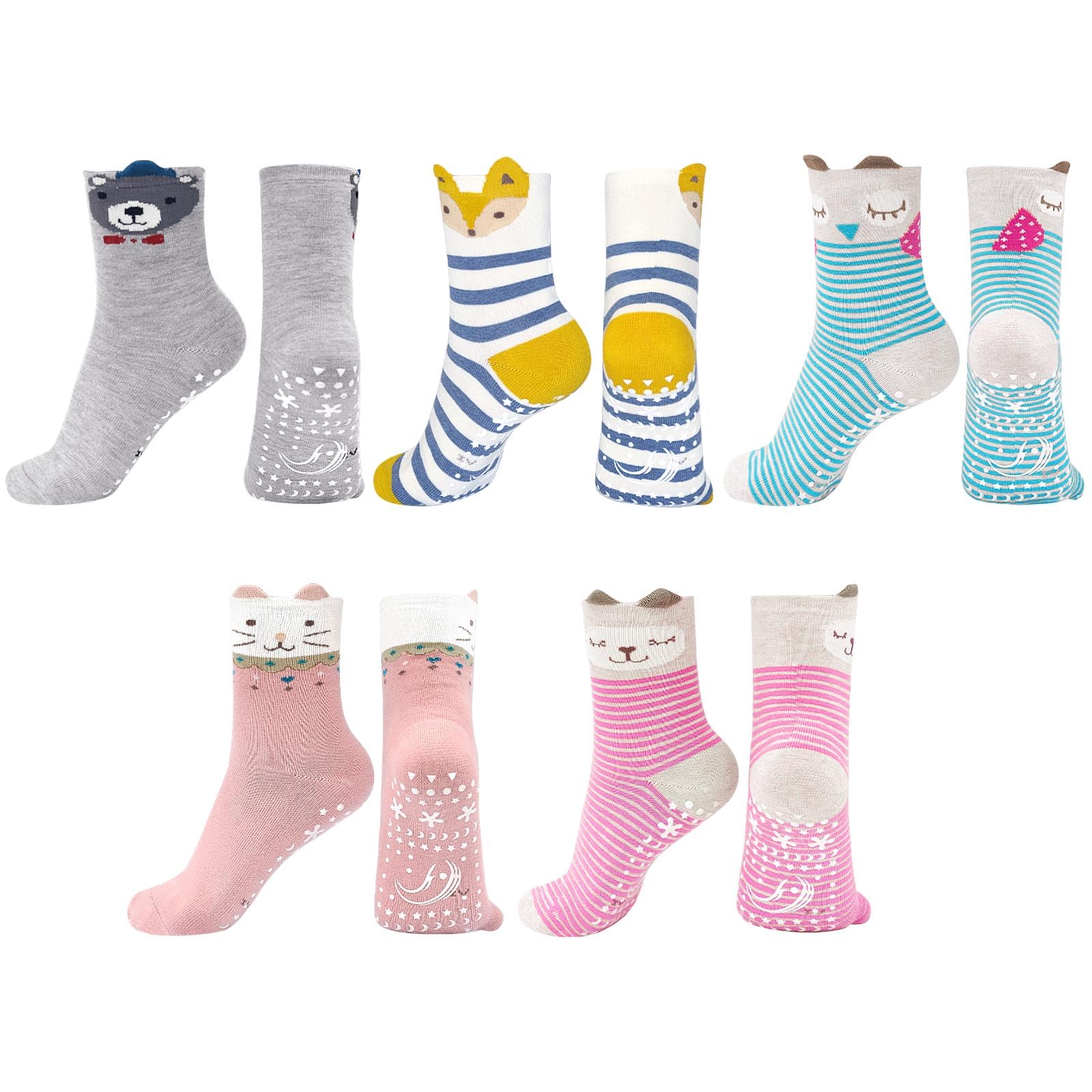 Hellomamma Calcetines antideslizantes de algodón para niños pequeños, calcetines de animales lindos con agarres antideslizantes para niños y niñas