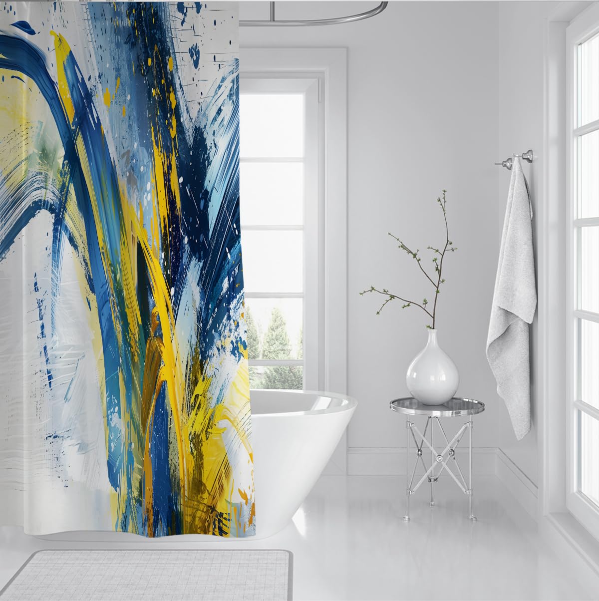 Rideau de Douche expressionniste Abstrait Jaune Bleu W200xL200 cm