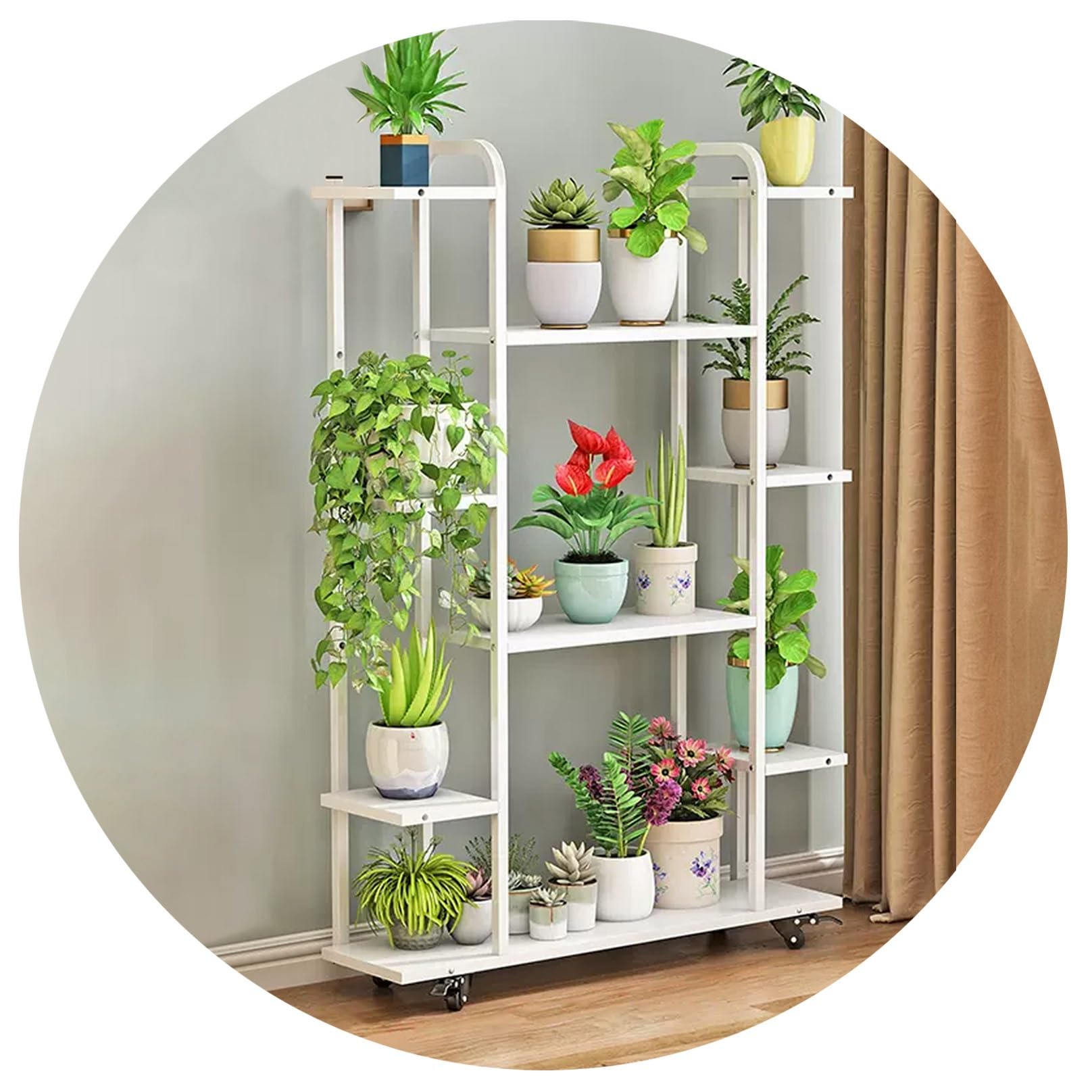 Soporte de metal para plantas con ruedas que evita manchas en el suelo y facilita el riego