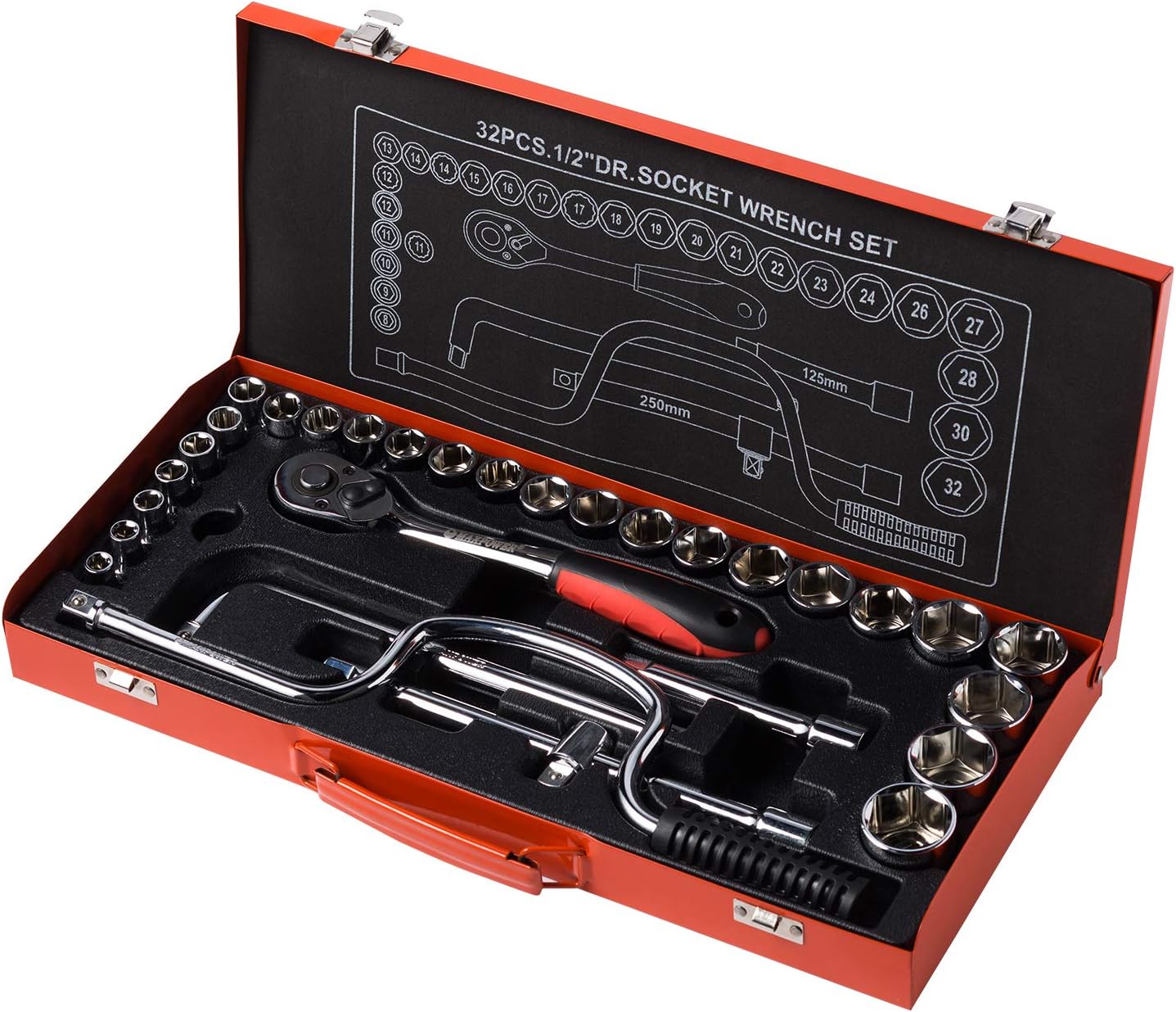 MAXPOWER 32PCS 1/2" Drive Socket Wrench Set - Industrial Grade Metric Socket Set with Quick Release Ratcheting Handle and Extension Bar
