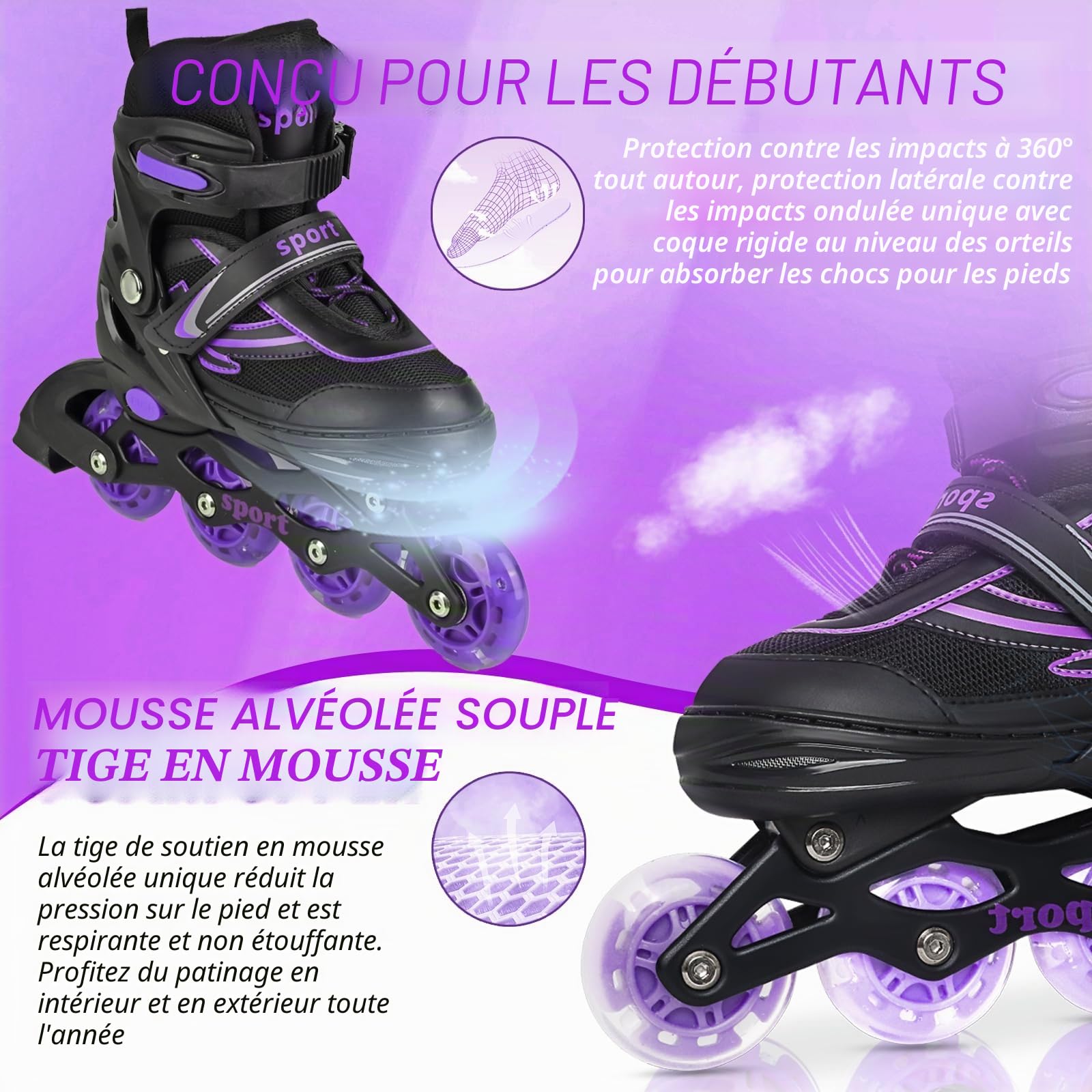 Patins à roulettes en ligne réglables pour enfants débutants, violet et bleu