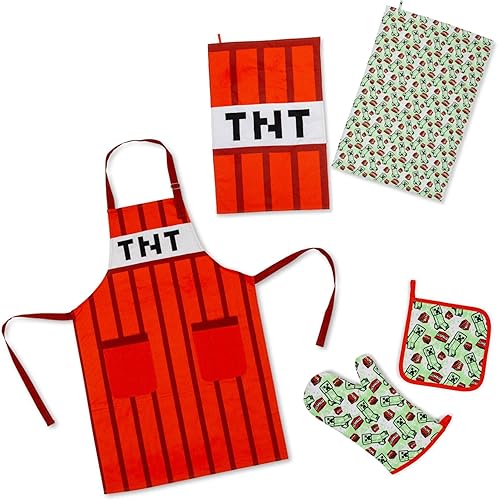 Minecraft Juego de cocina TNT rojo | Delantal, guante de horno, toallas de platos, soporte para ollas, Rojo -