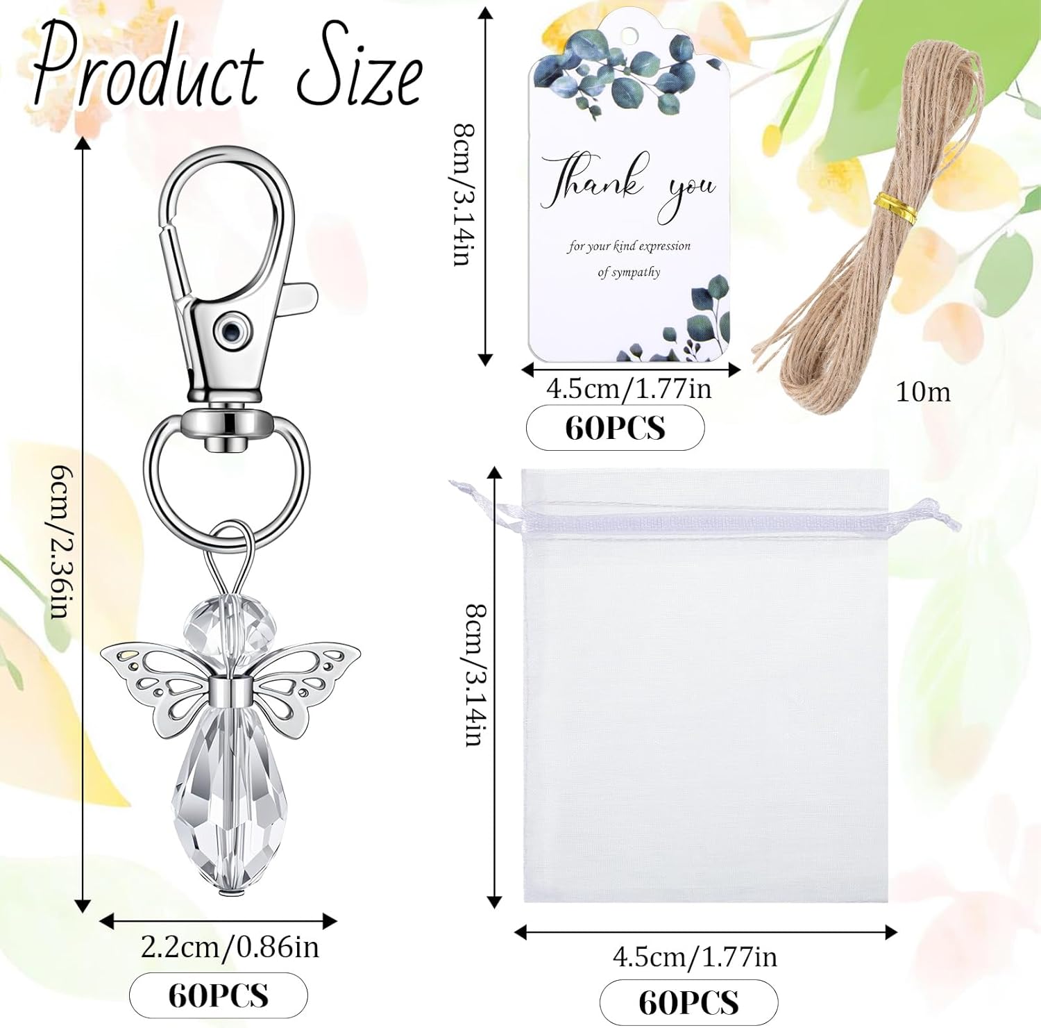 60 Set Funeral Favors Angel Charm Keychain Baptism Favors Silver Celebration of Life Favor 60 Organza Gift Bags and Sympathy Thank You Cards for Memorial Party Supplies Guests Gifts - Image 2