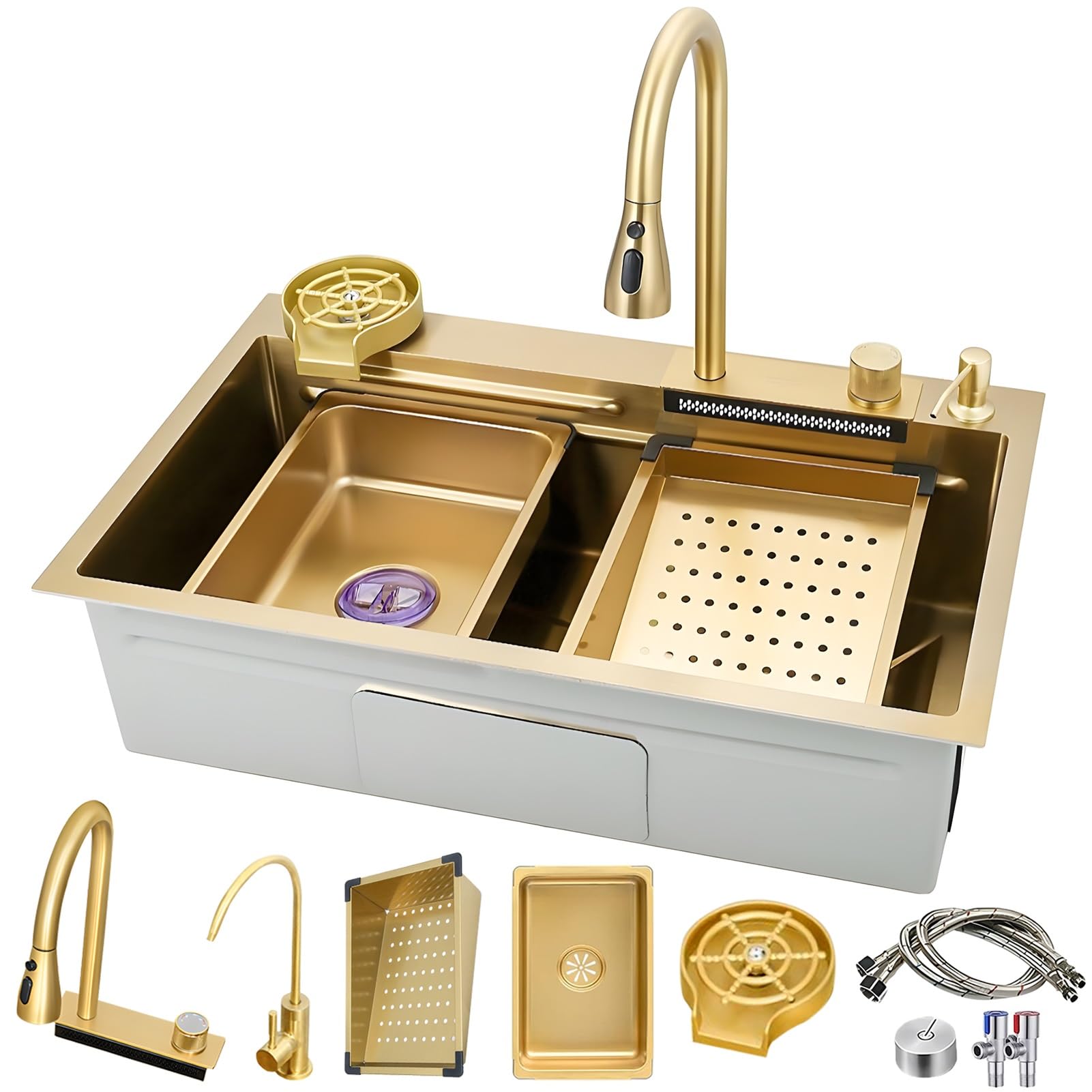ZQFHSX Top Mount Waterfall Kitchen Sink, Black Gray Single Bowl Farmhouse Stainless Steel Bar Multifunctional Workstation Drain Accessories(Gold,68x45cm)