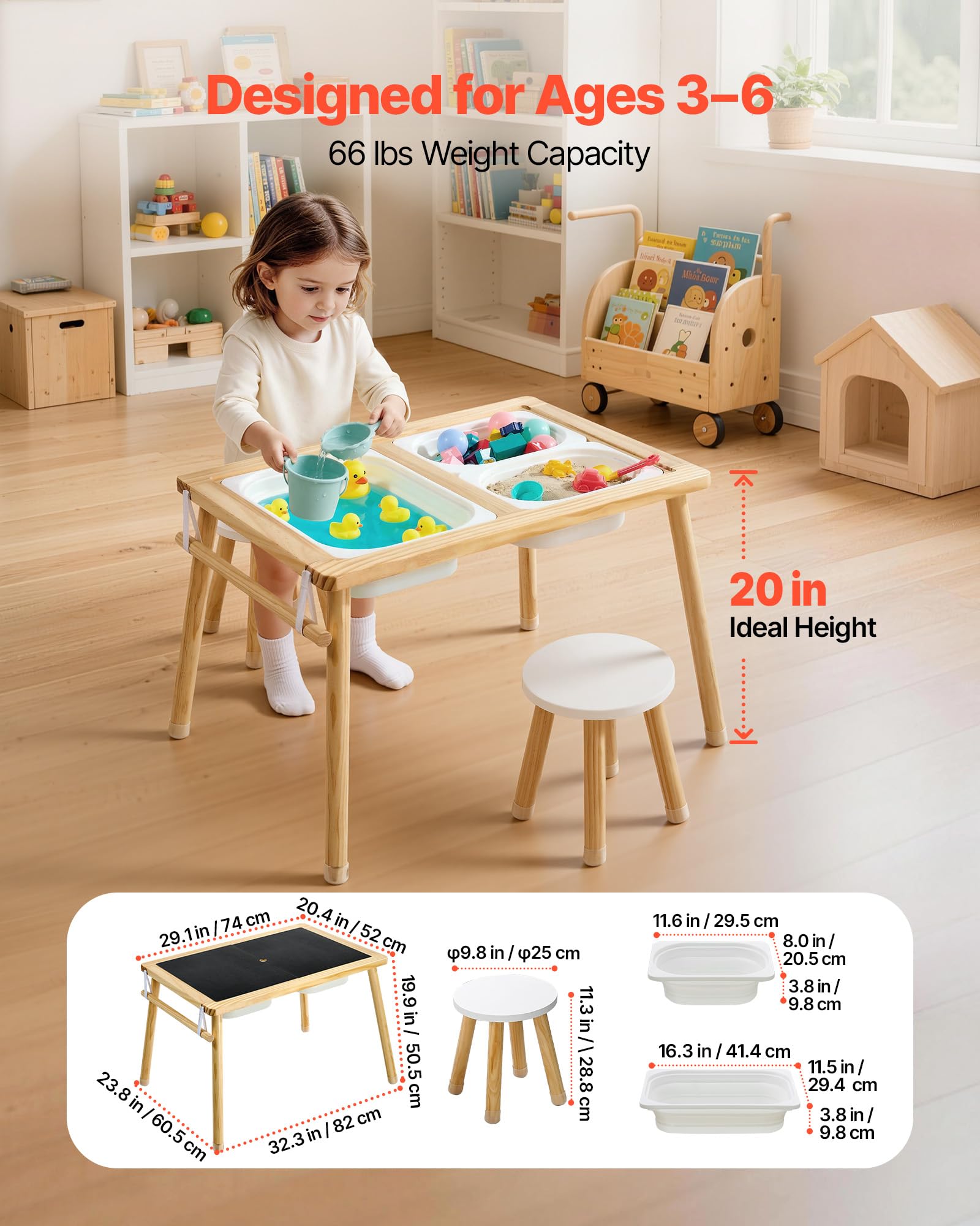 VEVOR Tavolo Sensoriale per Bambini, Banco Multifunzioni in Legno con 2 Sgabelli, Piano a Doppio Lato, Contenitori Portaoggetti e Piedini Antiscivolo, per Giochi con Sabbia e Acqua Disegno Studio