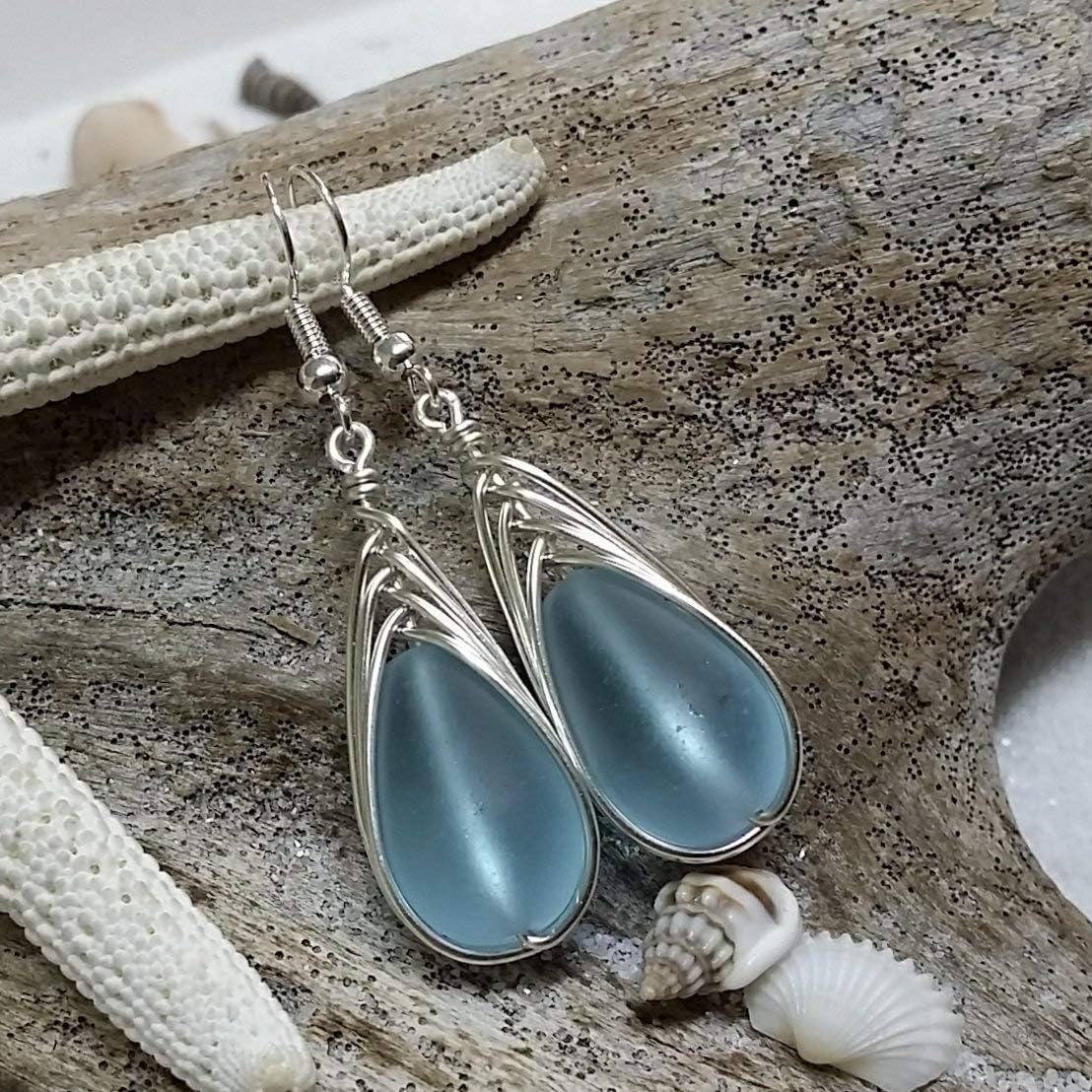 Handmade Sea Glass Earrings, Hawaiian Jewelry, Wire Braided Earrings Teardrop Earrings, Beach Jewelry Sea Glass Jewelry For Women Birthday Gift