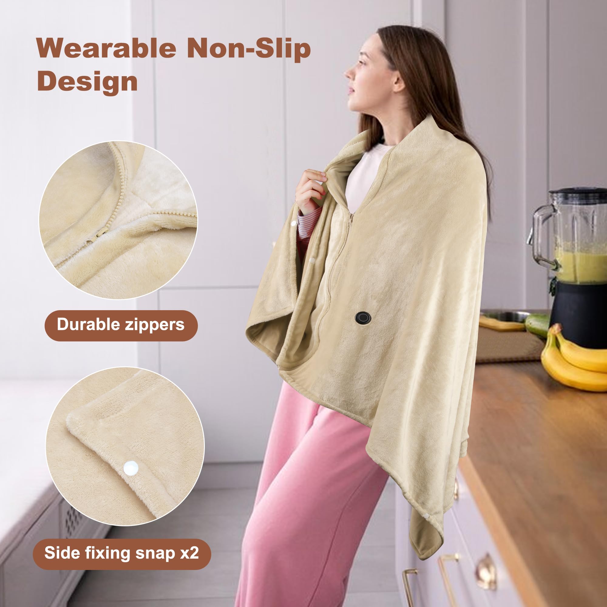 Heizdecke Kabellos mit 10000mAh Akku, 160x90cm Elektrische Flanell Wärmedecke Tragbar für Damen & Herren, 3-Stufen-Heizung, Waschbar für Zuhause, Büro, Camping, Khaki