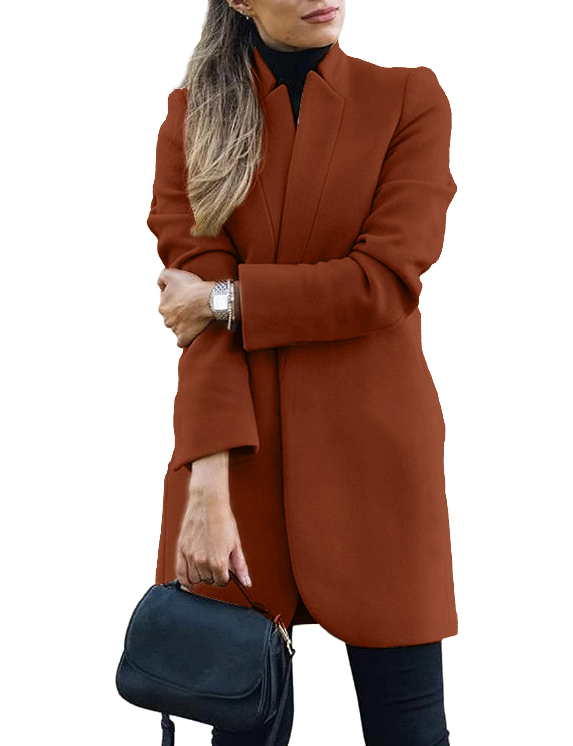 OmooneWomen's Basic Stand Collar Slim Fit Jacket Pea Coat Notched Lapel Trench Coat