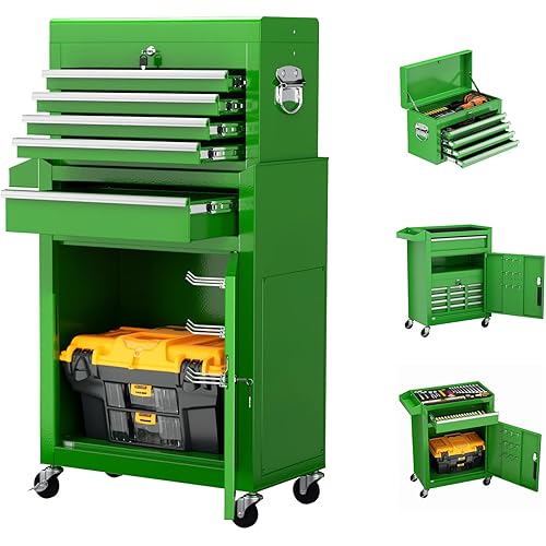 Crownland 5-Drawer Rolling Tool Chest with Wheels, Lockable 2 in 1 Detachable Tool Cabinet wit Drawers and Black Liners, Garage Top Toolbox & Bottom Storage Cart with Side Hooks(Green)