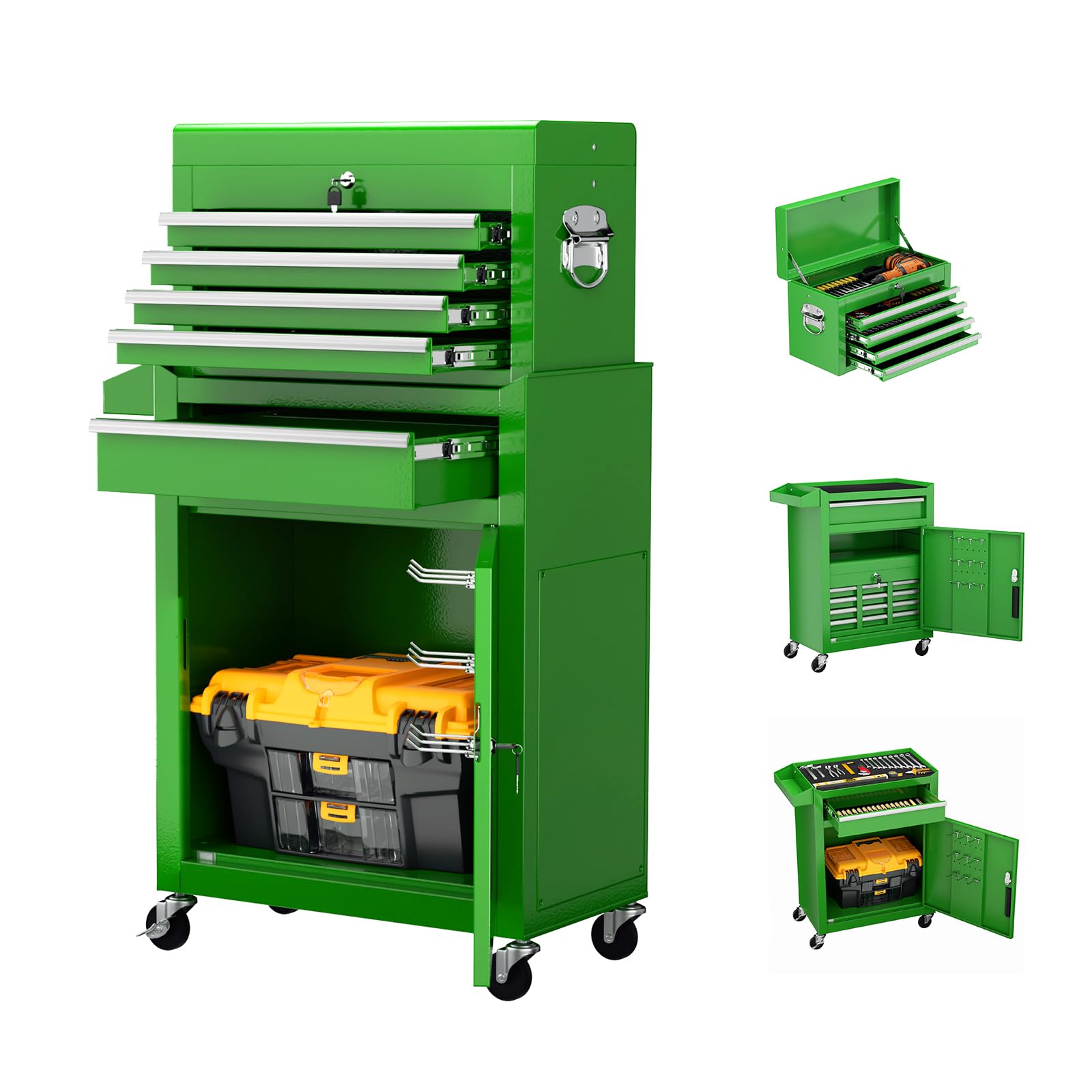Incbruce 5-Drawer Metal Rolling Tool Chest, High Capacity Toolbox Organizer with Wheels, Detachable Tool Cabinet Top for Mechanics Garage and Workshop (Green)