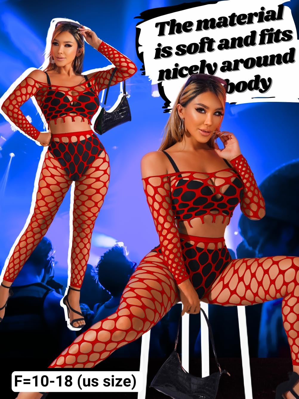 Kaei&Shi Sexy Fishnet Bodysuit Stockings,Mesh Long Sleeve Crop Top Lingerie,Hollow Out Music Festival Rave Outfits - Image 4