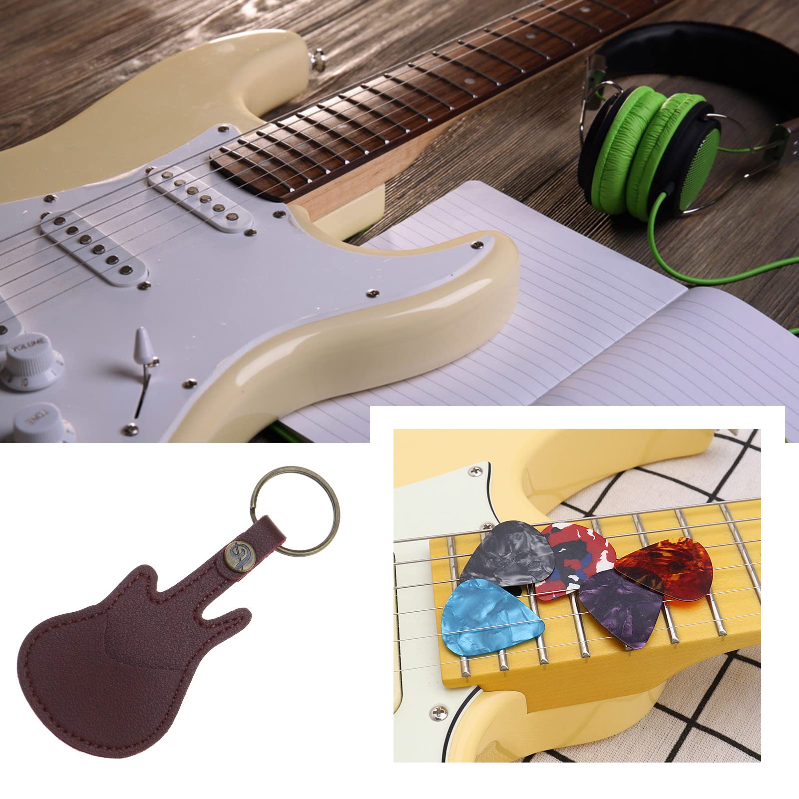 Porte-médiator pour Guitare Porte-clés en Cuir avec 5pcs Médiators de Guitare Mini Plectres Pack Étui Porte-clés pour Amateurs de Guitare