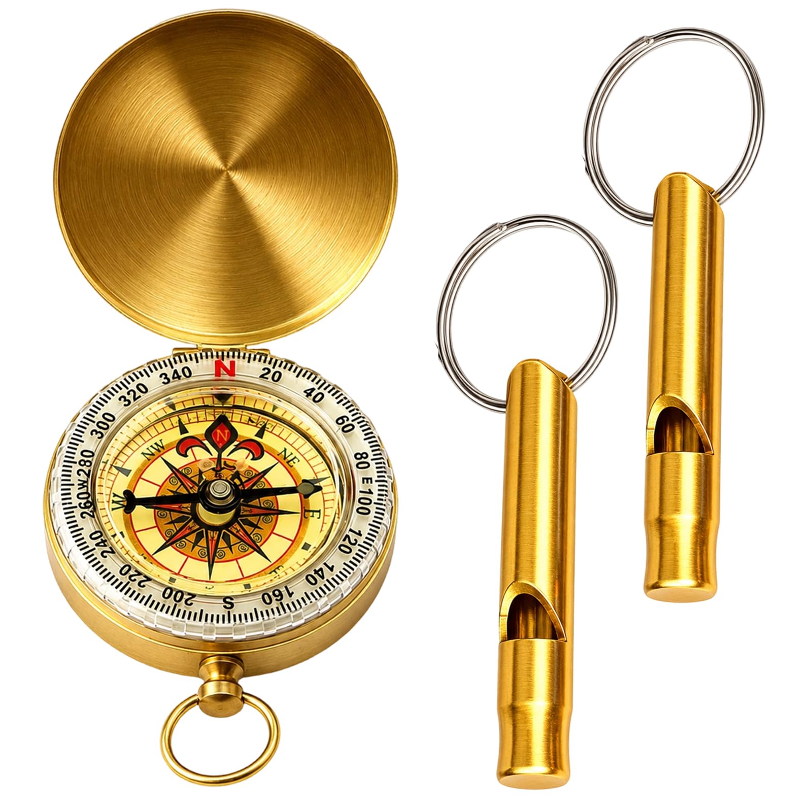 Compass Navigation, Hiking Accessories and Survival Equipment, Golden Compass with Dual Whistles, Pocket Compass for Outdoor Activities, Compact Design 1.6 cm Height and 5 cm Diameter