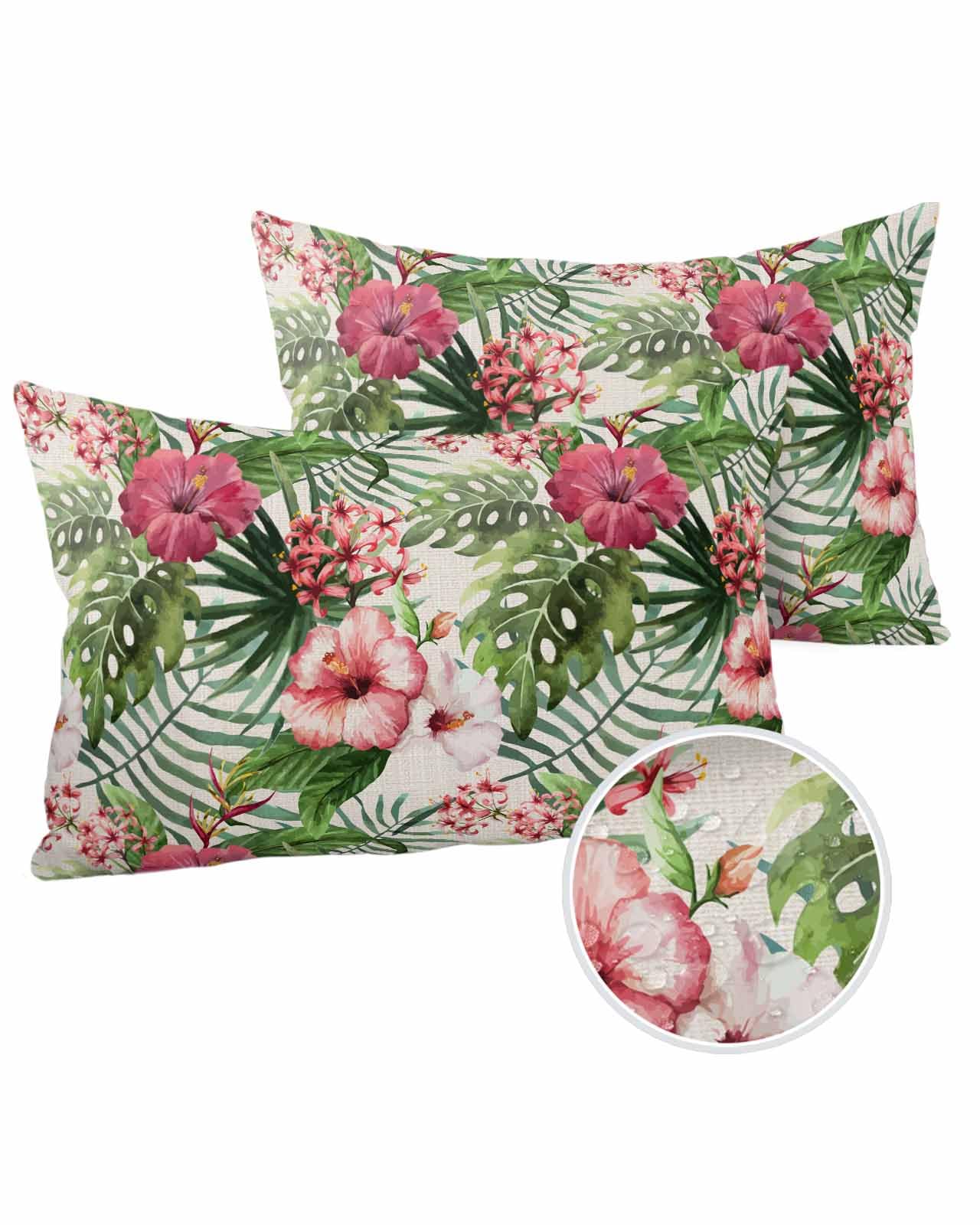 Boanket Lumbar Pillow Covers 12 x 20 in, Tropical Plants Waterproof Throw Pillow Cover Set of 2, Summer Botanical Spring Floral Rustic Home Decorative Rectangle Cushion Covers for Patio/Couch/Garden
