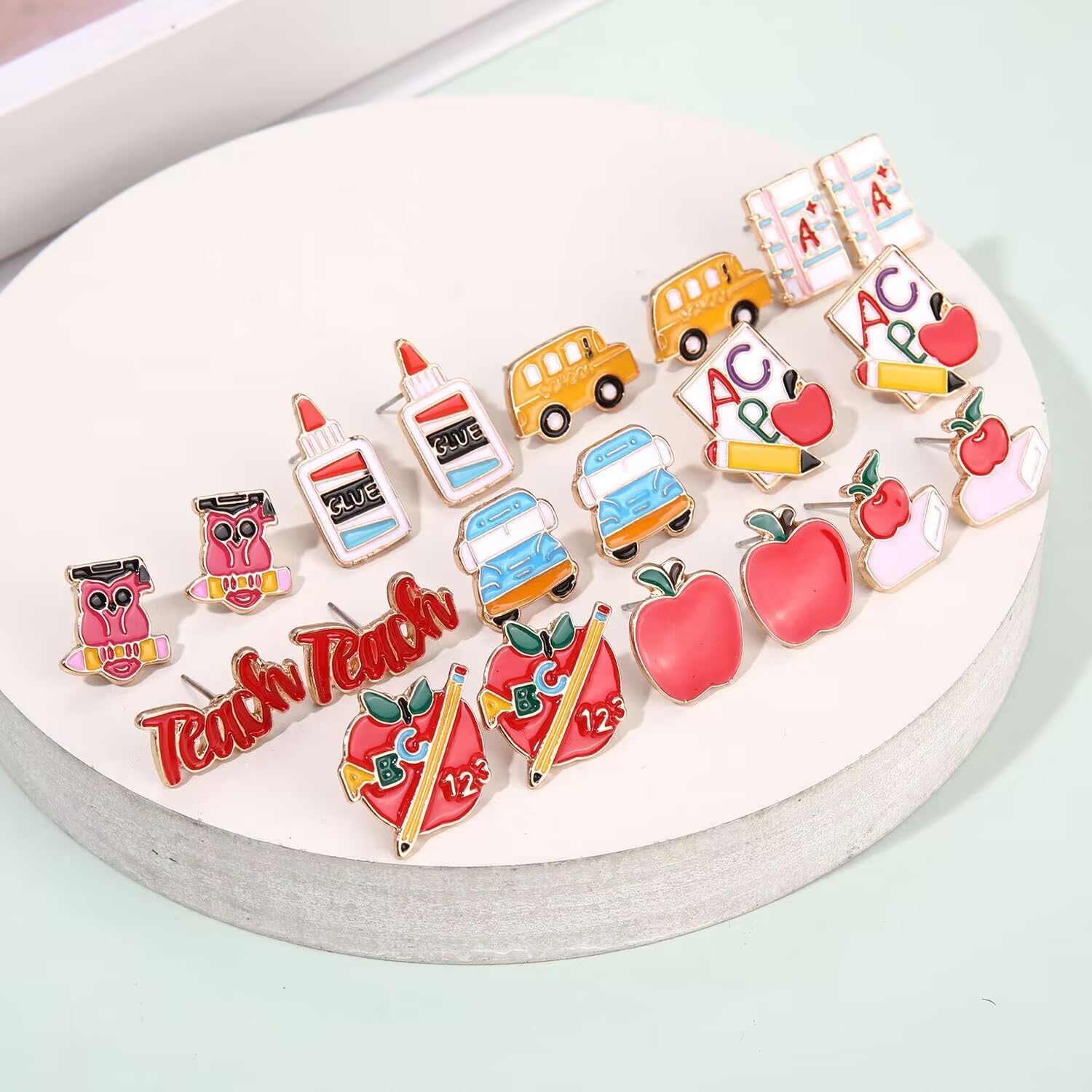 Teacher Earrings Hypoallergenic Cute Small Stud Earrings Funky Apple Books Pencil Teach Owl School Themed Studs Back to School Season Jewelry Teacher’s Day Appreciation Gifts for Students Teacher - Image 2
