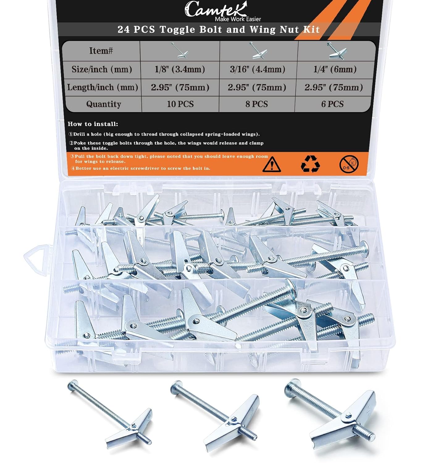 24PCS Toggle Bolt and Wing Nut Set, Hollow Wall Anchors Zinc Plated Carbon Steel, 3 Sizes (1/8'', 3/16'', 1/4''), Hangs Heavy Items on Drywall, Hollow Brick, Wood, Cement Fiberboard