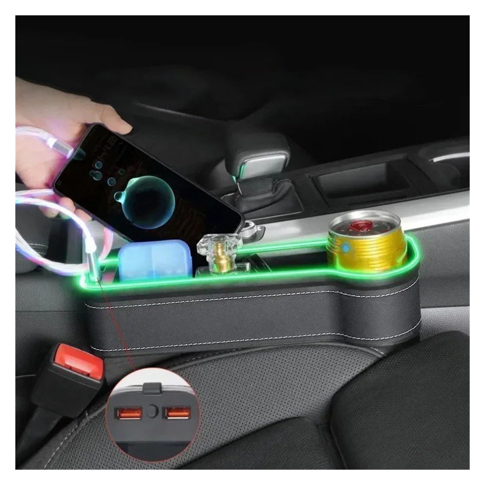 Expansor De Portavasos Caja De Almacenamiento para El Hueco del Asiento del Coche con 2 Cargadores USB Y Luz LED Soporte para Bebidas(Black A)