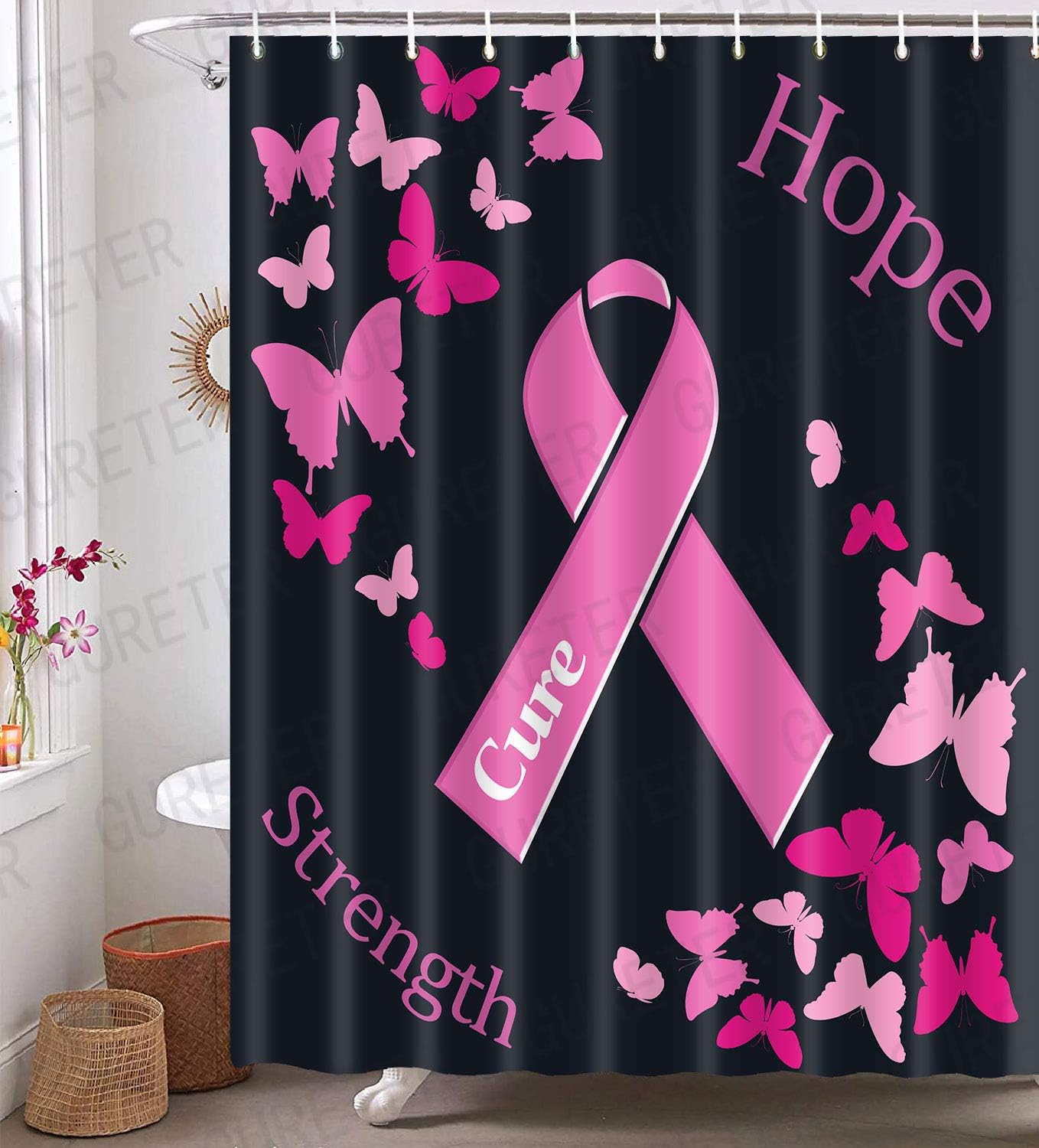 Breast Cancer Awareness Symbol Shower Curtain Set, Pink Ribbon and Butterfly Women Bathroom Curtains Decor with 12 Hooks, 72x78in, Long Polyester Bath Curtain, YLXTGU8