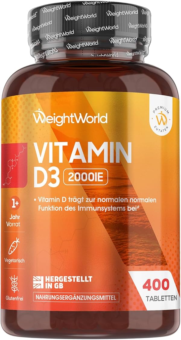Vitamin D3 2000 I.E. - 400 vegetarische Tabletten - 1 + Jahr Vorrat - 1 Tablette alle 2 Tage - Vitamin D trägt zur Erhaltung normaler Knochen & einer normalen Muskelfunktion bei (EFSA) - WeightWorld