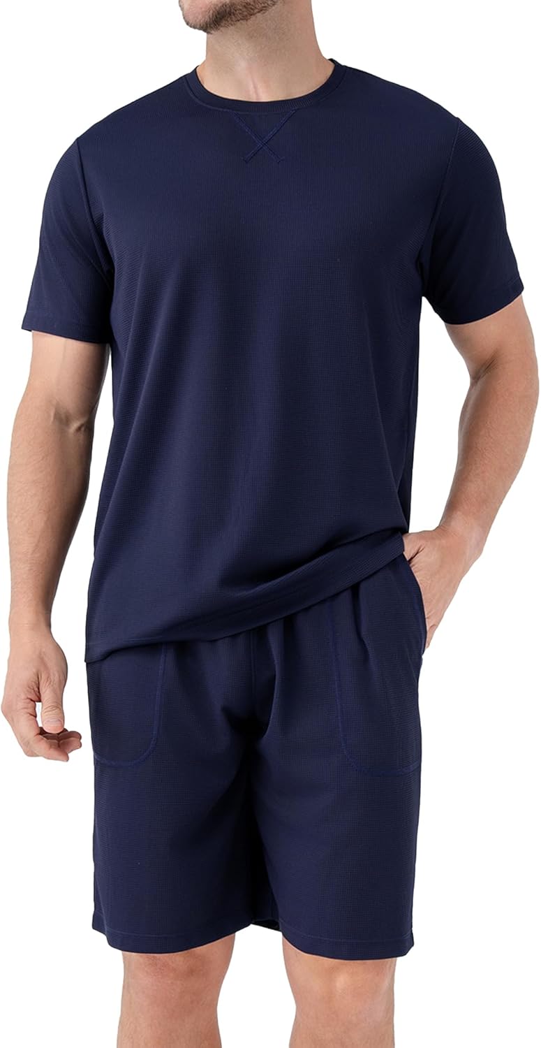 DAVID ARCHY Mens Pajamas Set Waffle Knit Short Sleeve Sleepwear Lightweight Summer Loungewear