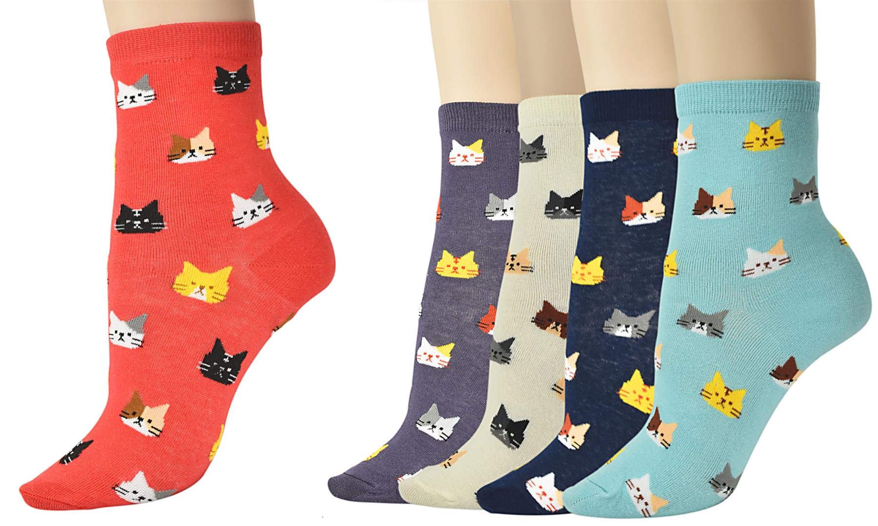 Vinsani® Kitty Print Socks 5 Pairs Pack - Cat Face Design Onesize Fits All Cotton Socks