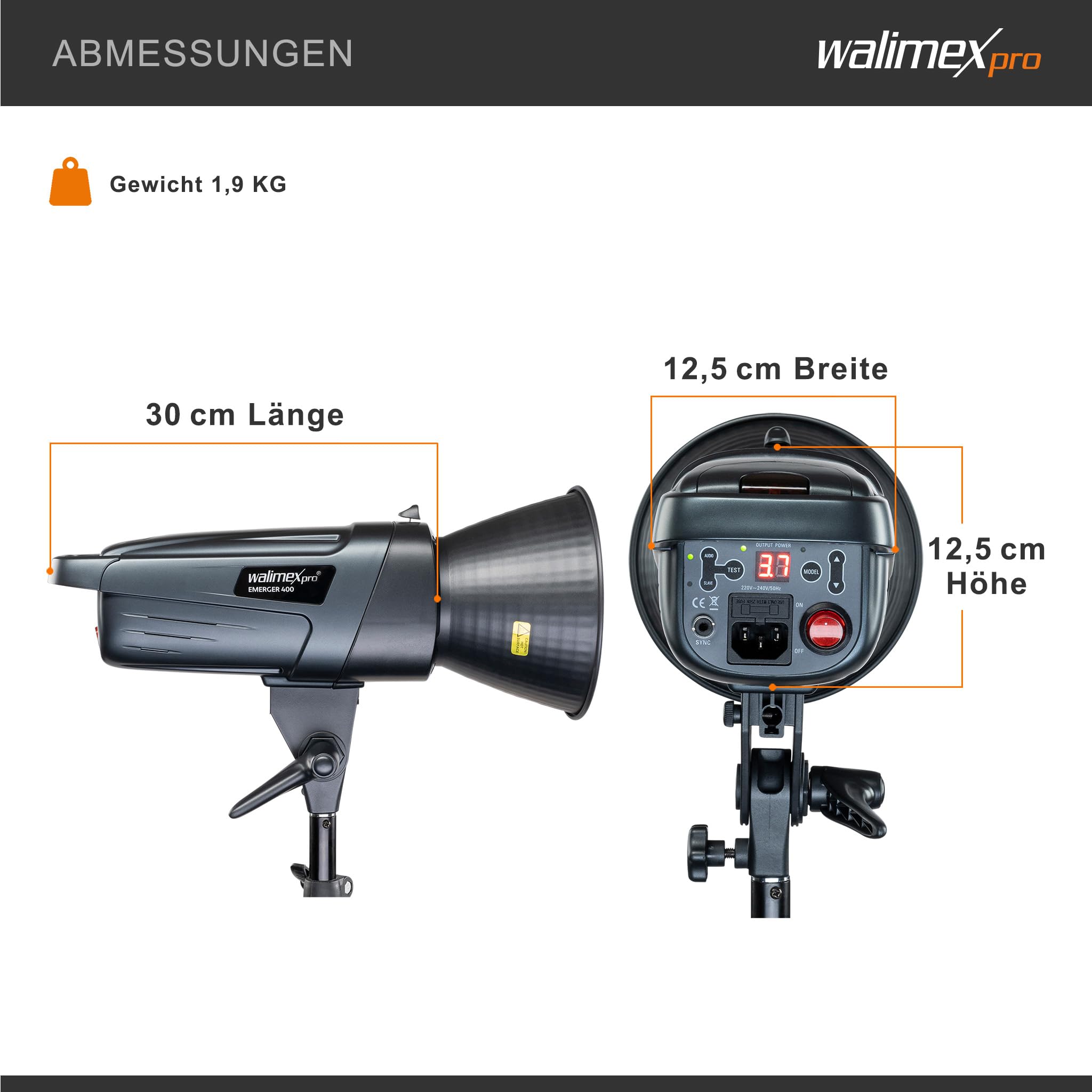 Walimex pro Emerger 400 Studioblitz mit 400 Ws Blitzleistung, Blitzgerät mit 2,4 GHz Funk, Fotoblitz mit kurzer Wiederaufladezeit, Blitzleuchte mit dimmbarem LED-Einstelllicht