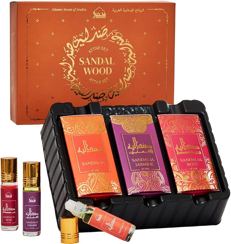 Sandalwood Attar Oil 3 x 6ml Perfume Roll on | Islamic Gifts | Luxurious Sandalwood Attar roll ons| Woody Floral Perfume oil for Men & Women |Travel-Size, Long Lasting Mini Perfume