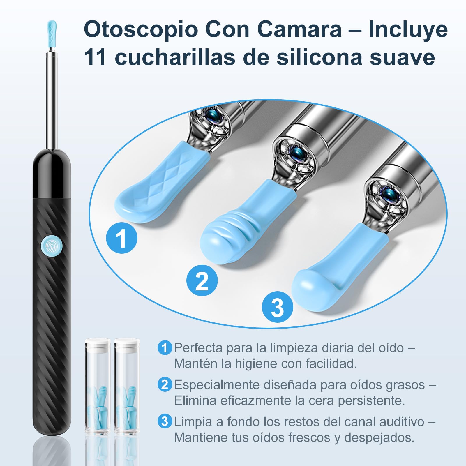 Otoscopio 1080P HD Limpiador de Oídos con Cámara de 6 LED - Limpiador de Oídos Adultos con 11 Fundas de Silicona - Compatible con iOS y Android (Negro Brillante)