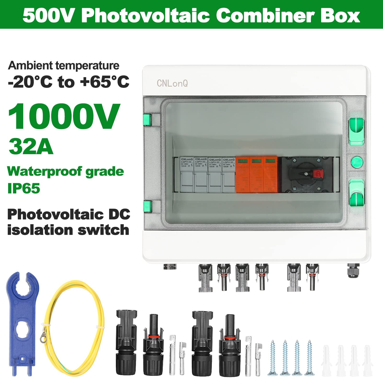 DEWIN Solar PV Combiner Box, 2 in 1 Out 2 String DC 1000V 32A Kombinierer Box 15A Sicherungen Sicherungshalter Trennschalter und Überspannungsschutz mit Wasserdichter Gehäuse